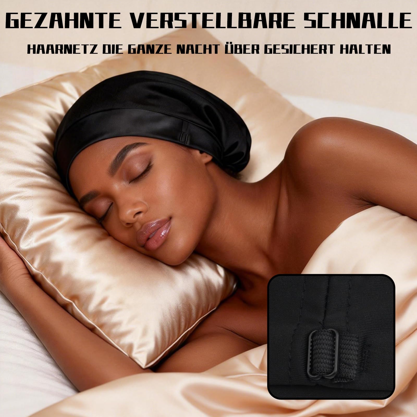 Notoke Cuffia in seta per dormire, nera satinata con fodera in seta, cappuccio per capelli ricci, cappello per dormire regolabile, per donne e ragazze, cura dei ricci di notte