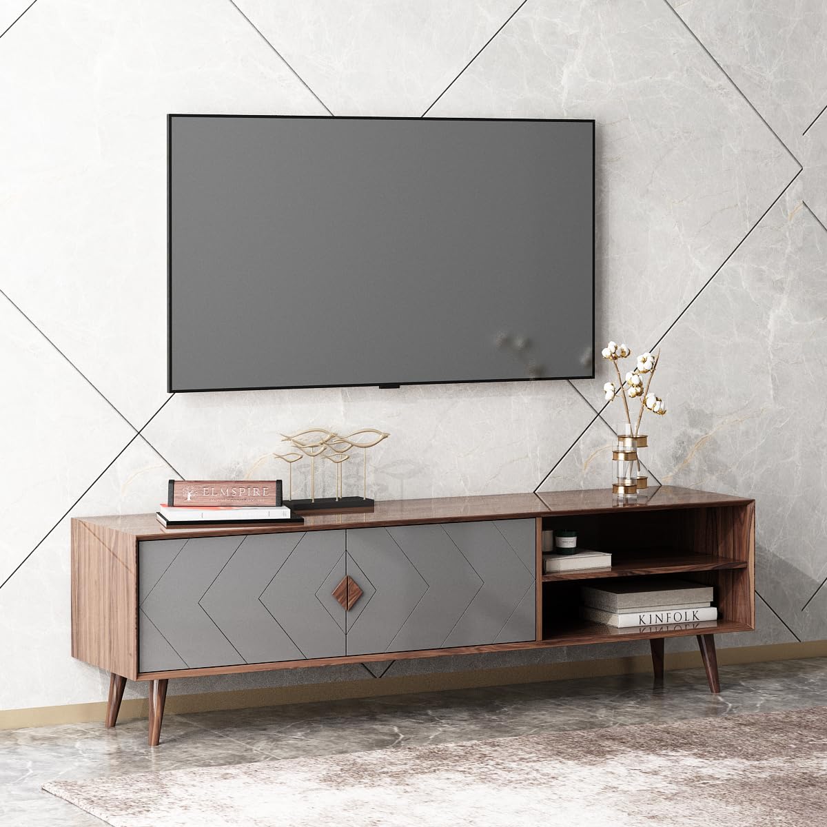 ELMSPIRE Elegant Wooden TV Unit Table with Two Compartments and Door for Living Room, Bedroom, Office - Spacious Storage and Classic Design (58 x 14 x 18 Inches, Brown) - Perfect for Modern Interiors-image-6