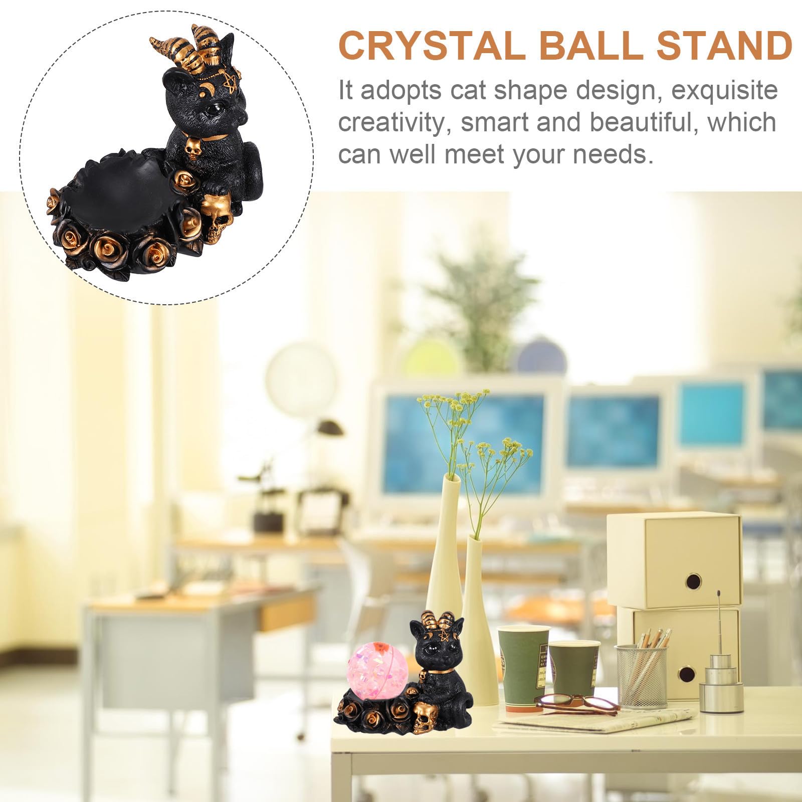Uonlytech 3 Piezas Estatua de Gato Negro de Resina Base para Bola de Cristal, Decoración Creativa Hogar, Figura Única en Forma de Gato para Escritorio