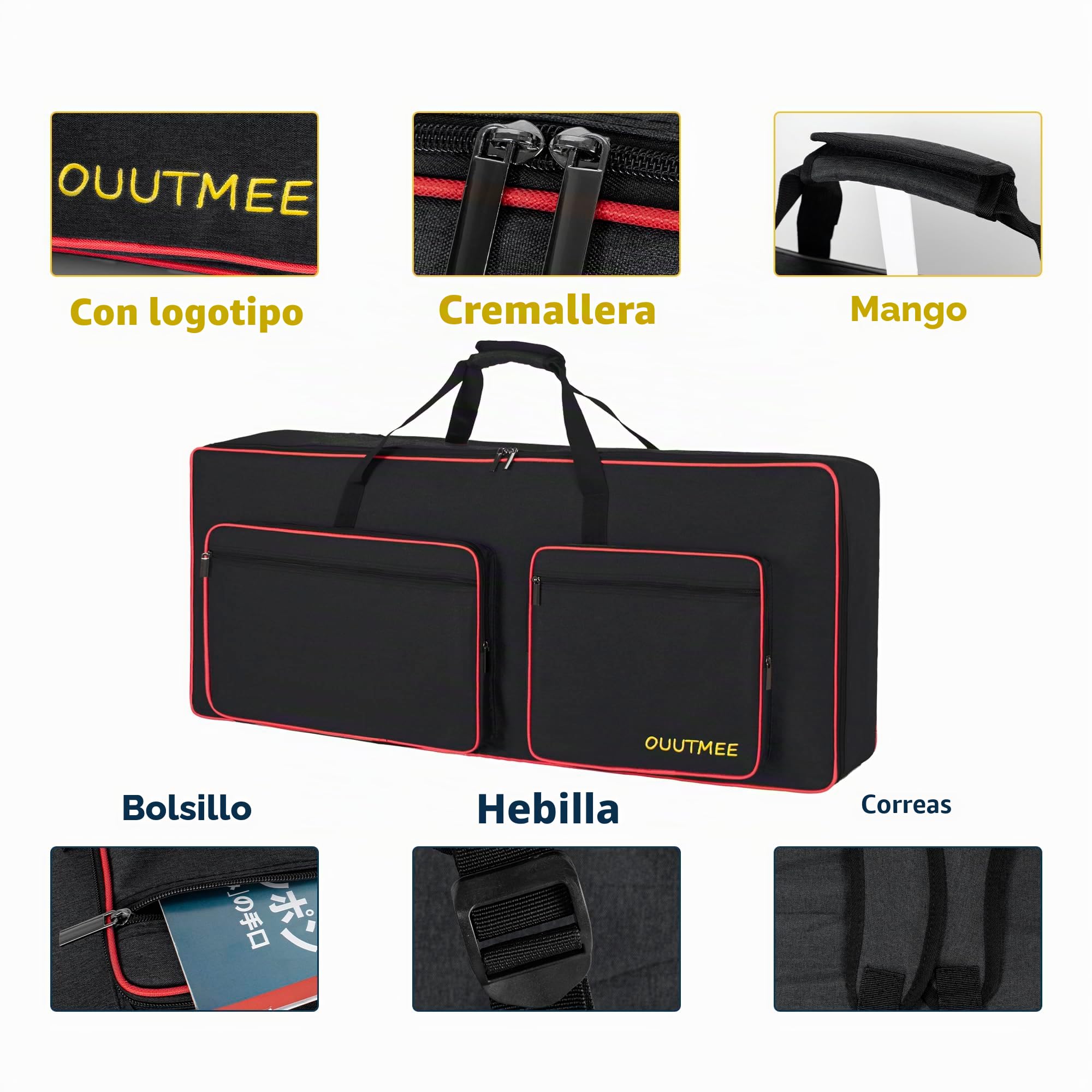 OUOUTMEE 61Noten Funda para teclado electrónico, tela Oxford 600D, 10 mm de borde, negro, resistente a golpes, impermeable, cuatro protectores de esquinas