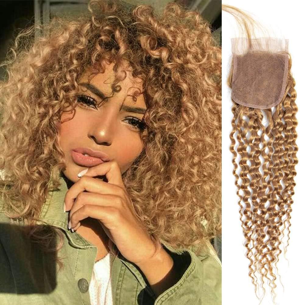 10A Brazilian Blonde Kinky Curly Closure Virgin Human Hair 4x4 Free Part Closure Unprocessed Virgin Human Hair Blonde Deep Curly Hair Closure 27# Blonde Deep Curly Closure 18inch