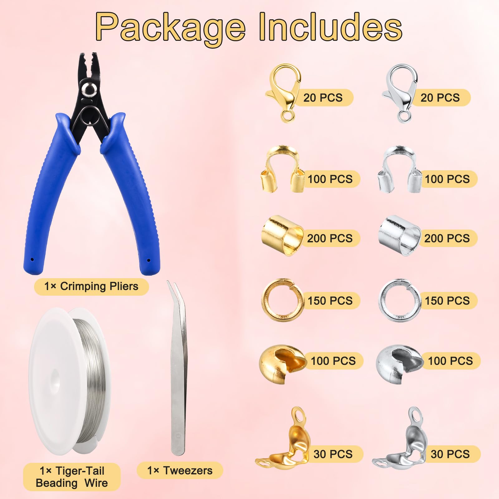 Kit Completo 1200 Pezzi Per Creazione Gioielli Fai Da Te – Perline A Crimpare, Moschettoni, Anelli, Pinze E Filo – Argento E Oro - 2