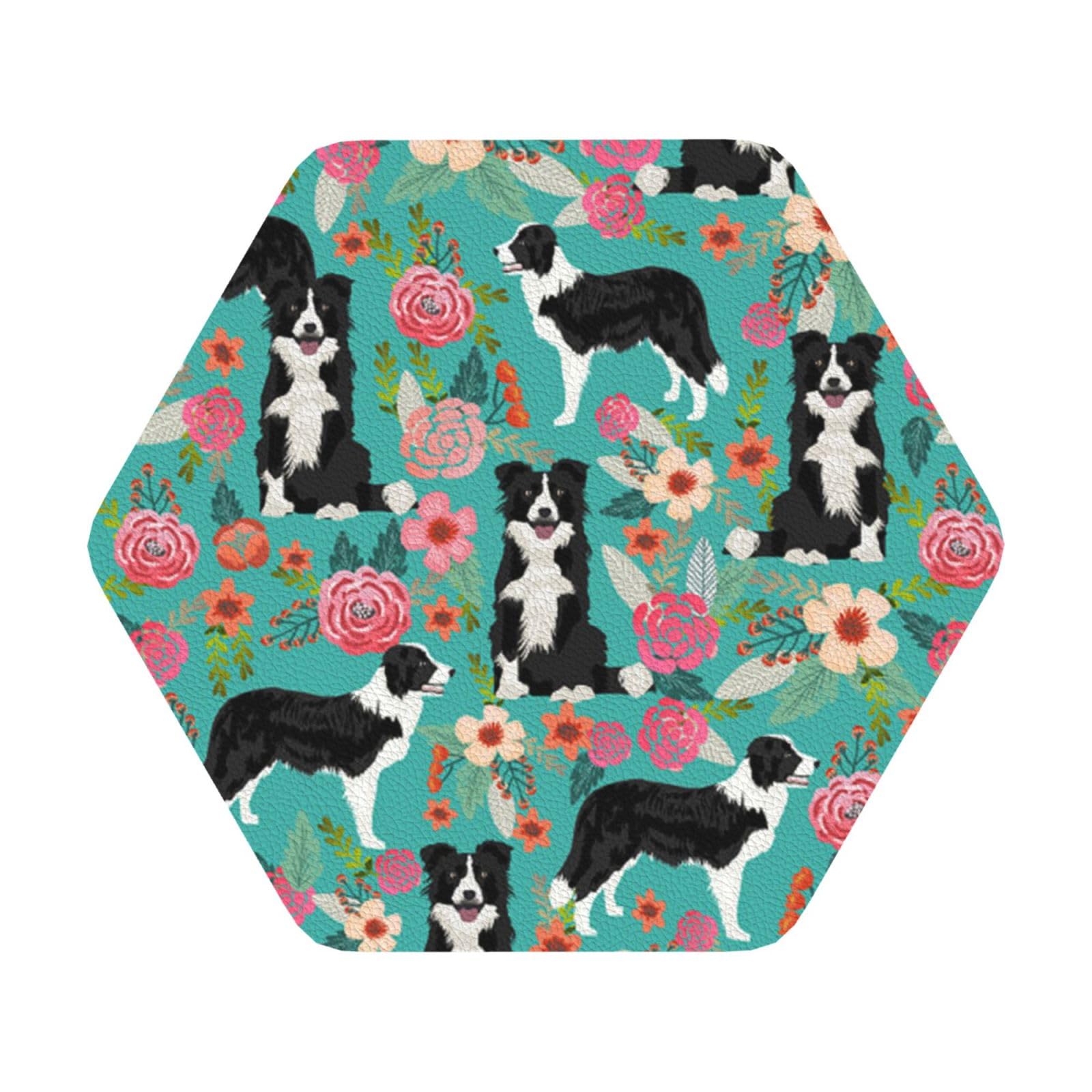 Border Collie Florals PU Leather Coasters Set of 6 Hexagon Drink Coasters