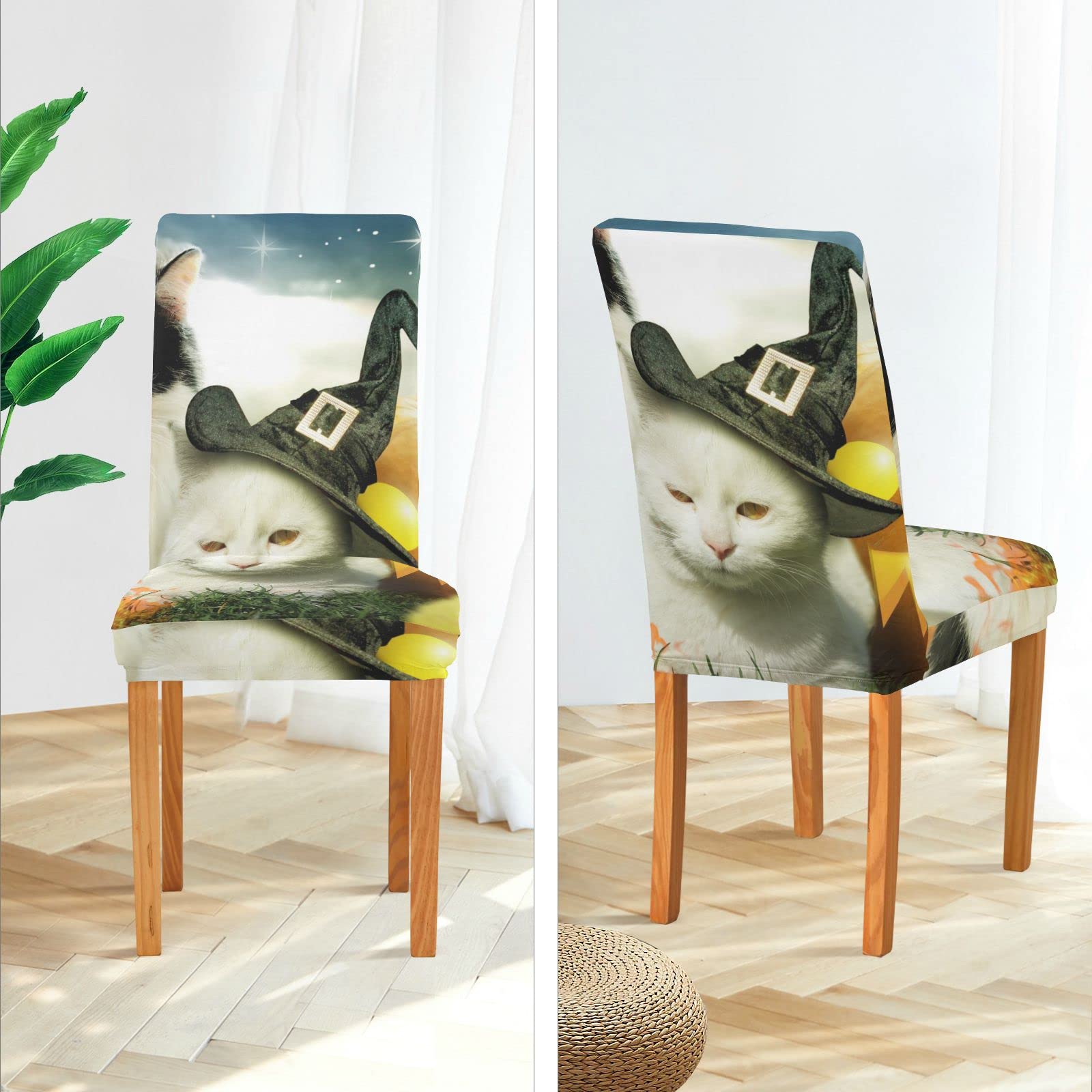 2 Stück Halloween Stuhlhussen Mit Katze - Dehnbare Spandex Bezüge Für Esszimmer