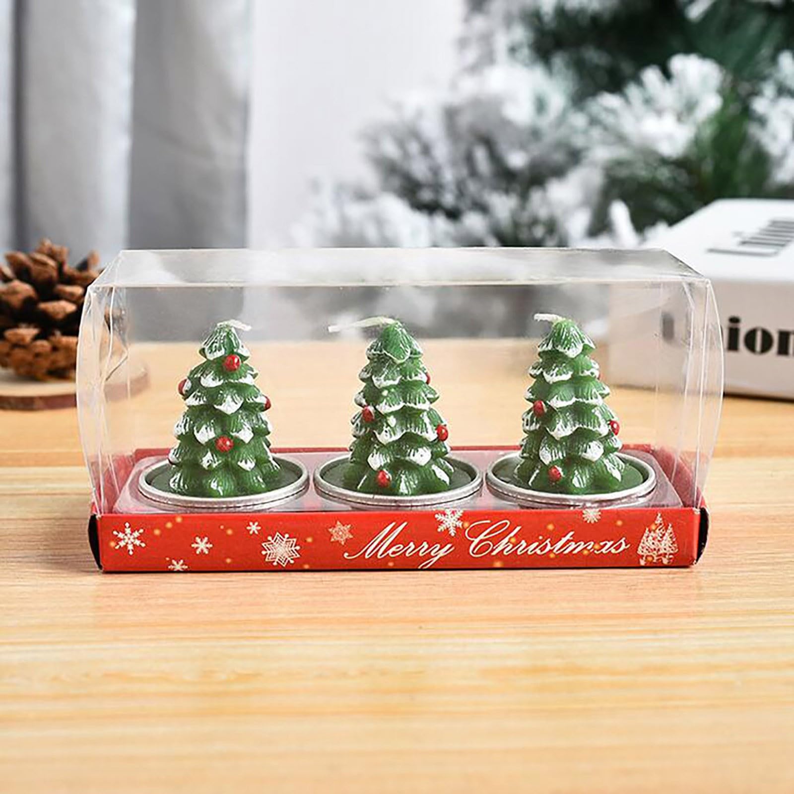 Mini Christmas Candles, Unscented Tea Light Candles with Candlesticks, Santa Claus, Snowman, Pine Cones, Christmas Tree, House Christmas Decor for Party Bedroom Table Decorations, 3pcs/Set (F)