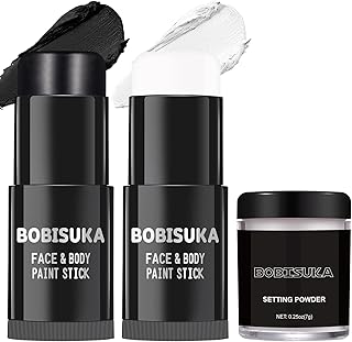BOBISUKA Black & White Face Paint Stick with Setting Powder Set, Blendable Eye Black Sticks for Sports, Body Paints Foundation for Clown Skeleton Vampire Skull Joker Cosplay Special Effects Costume SFX Halloween Makeup Painting Kit