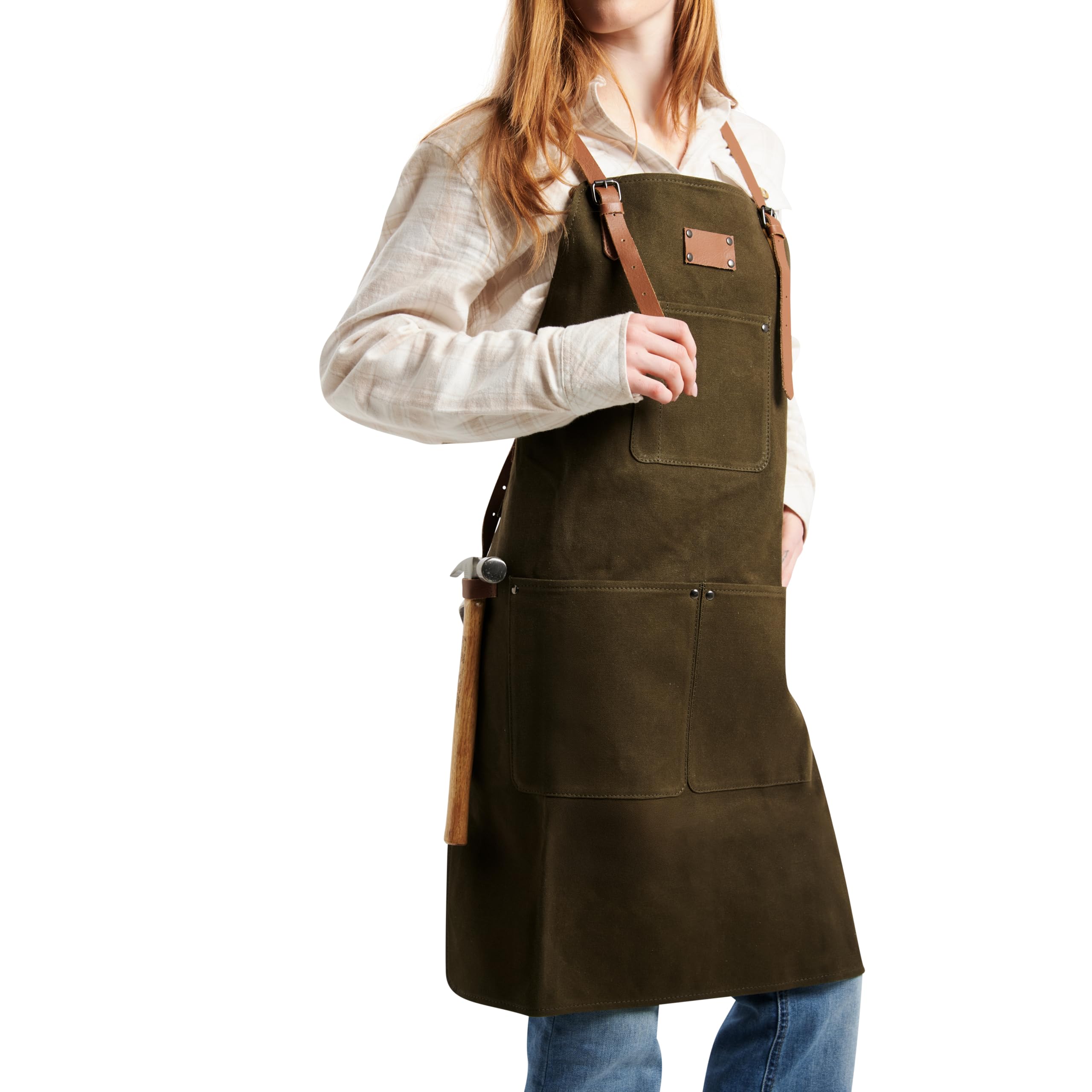 Theodore Tablier de travail en toile cirée, noir avec sangles en cuir marron, dos croisé, toile robuste de 414 g, utilitaire multi-poches