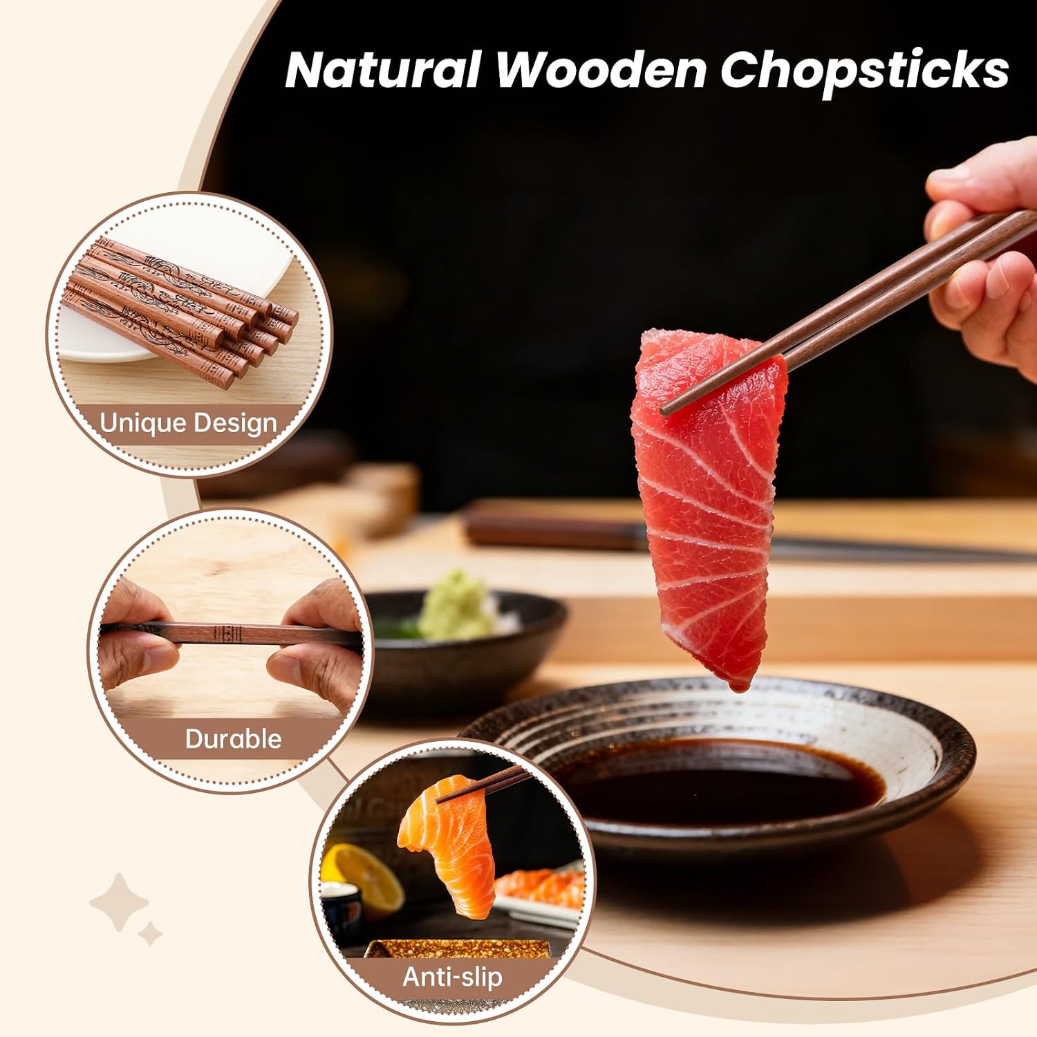 Reusable Chopsticks, Hand-Carved Dragon Design Wooden Chopstick, Chinese Chopsticks Reusable Dishwasher Safe, Chop Sticks Gift Sets - 4 Pairs