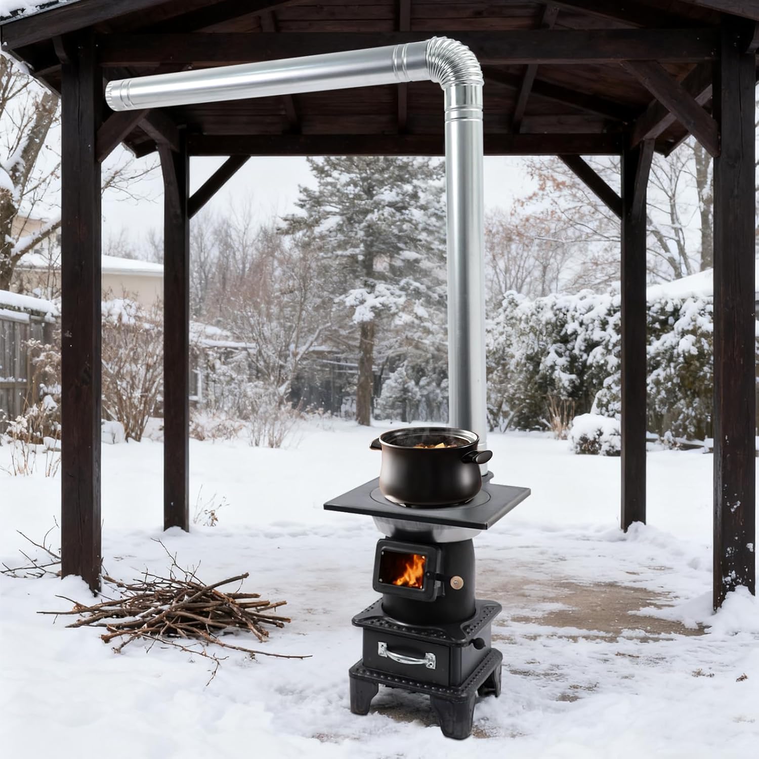 Wood-Burning Heating Stove, Thickened Cast Iron Rural Heating Stove with View Window & Chimney Pipes, Heating and Cooking Stove Smokeless Cooker for Indoor & Outdoor, Backyard Grilling (S)