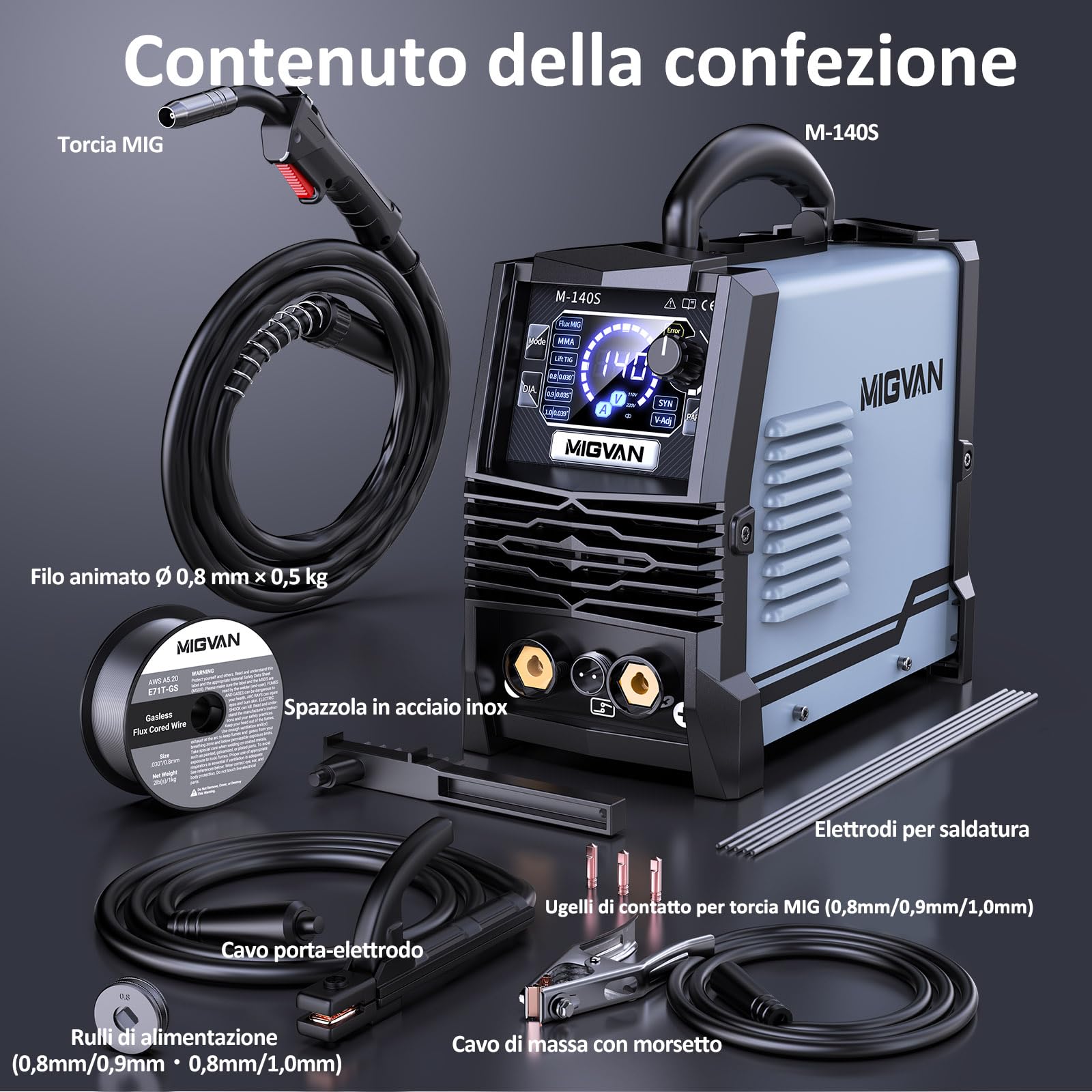 Saldatrice a Filo Continuo senza Gas 3-in-1 Inverter 140A Sinergica Flux MIG/MMA/Lift TIG, 60% ED, Tecnologia IGBT, Avanzamento Filo One-Touch, Leggera & Portatile per Fai-da-te M140S | Inverter IGBT (60% ED) con controllo One Touch, leggero e sicuro con