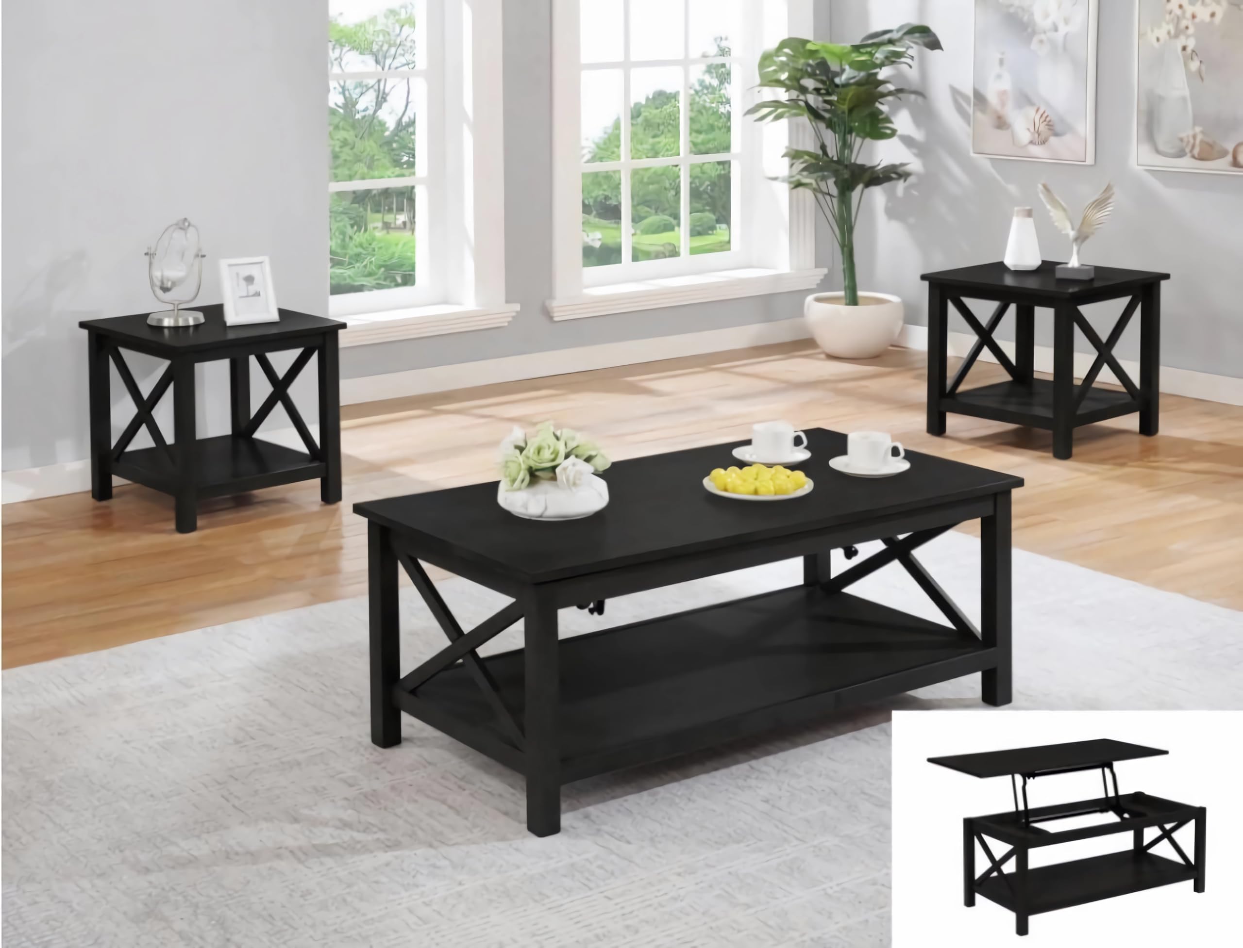 GTU Furniture 3 Piece Cocktail Lift Top Table with 2 Side Tables for Living Room, Family Room Black