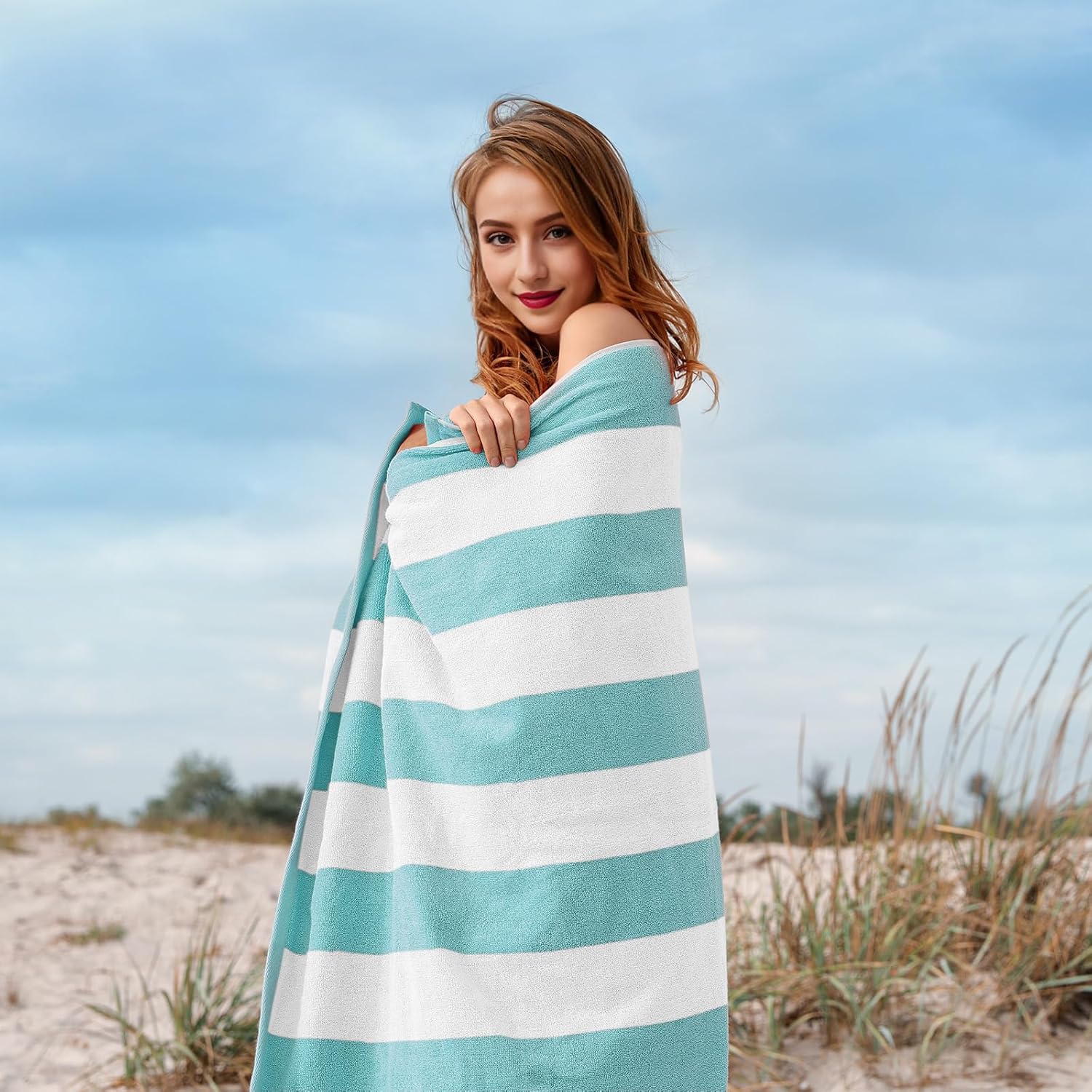 Cotton Oversized Beach Towel - 40 x70 Inch Extra Large Striped Pool Towel, Big Soft Terry Cloth Turquoise Cabana Swim Towel - Image 5