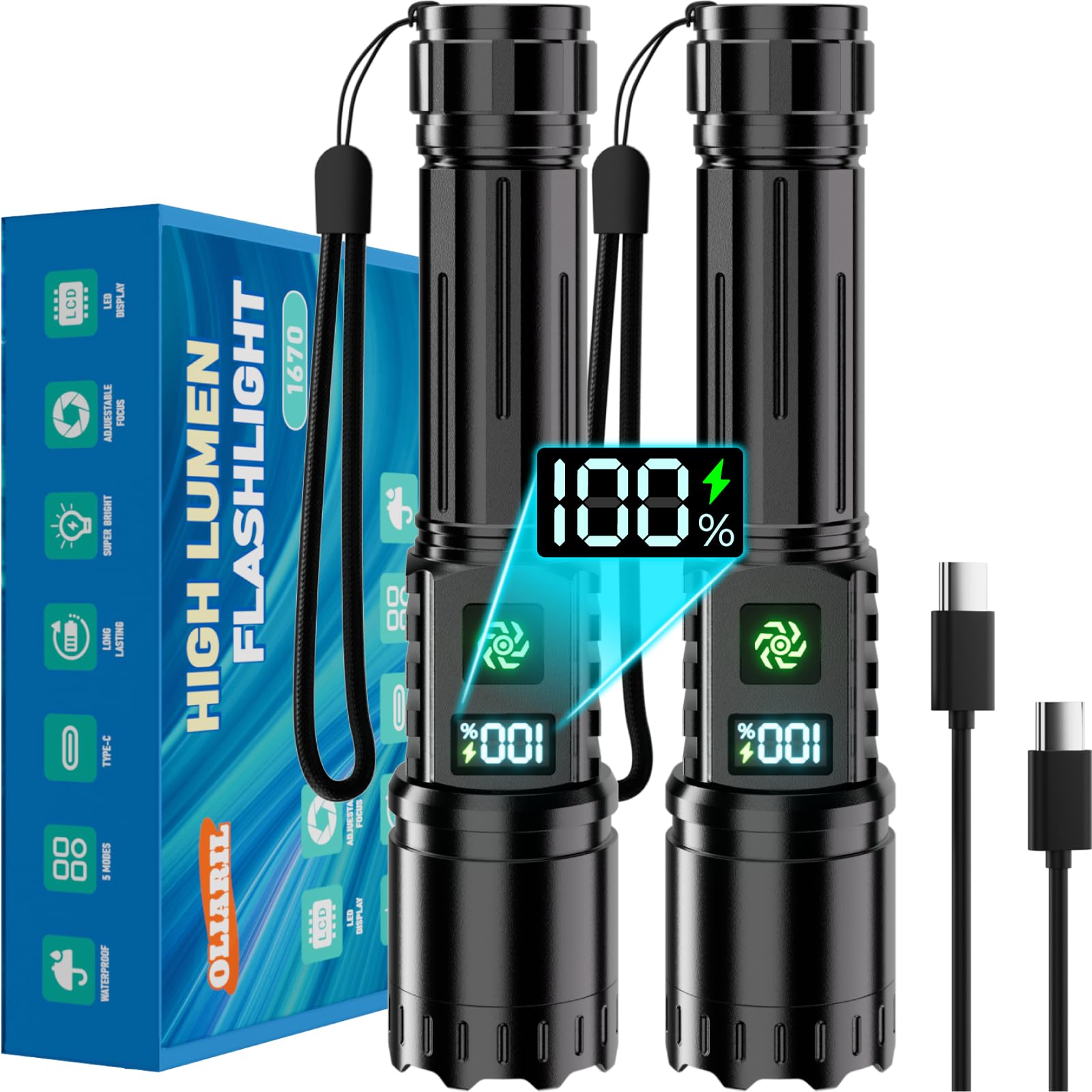 Torch Rechargeable 2 Pack, Torches Led Super Bright 500000 High Lumens, 5 Modes Zoomable Flashlight with LCD Display, Long Lasting, IPX7 Waterproof, Powerful Tactical Flashlight for Camping, Hiking