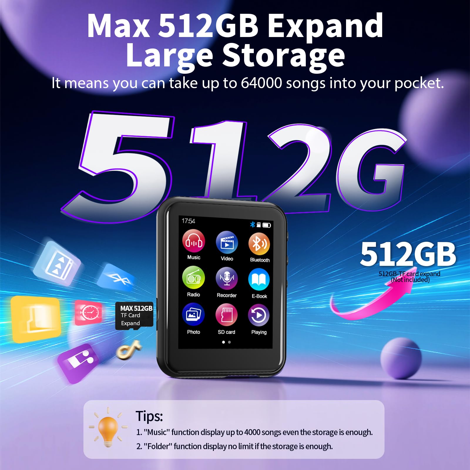 48GB MP3 Player with Bluetooth 5.3, 2.4 inch Full Touchscreen Music MP3 for Kids, FM Radio, Voice Recorder, HiFi Sound, E-Book, Earphones Included: Black 16GB