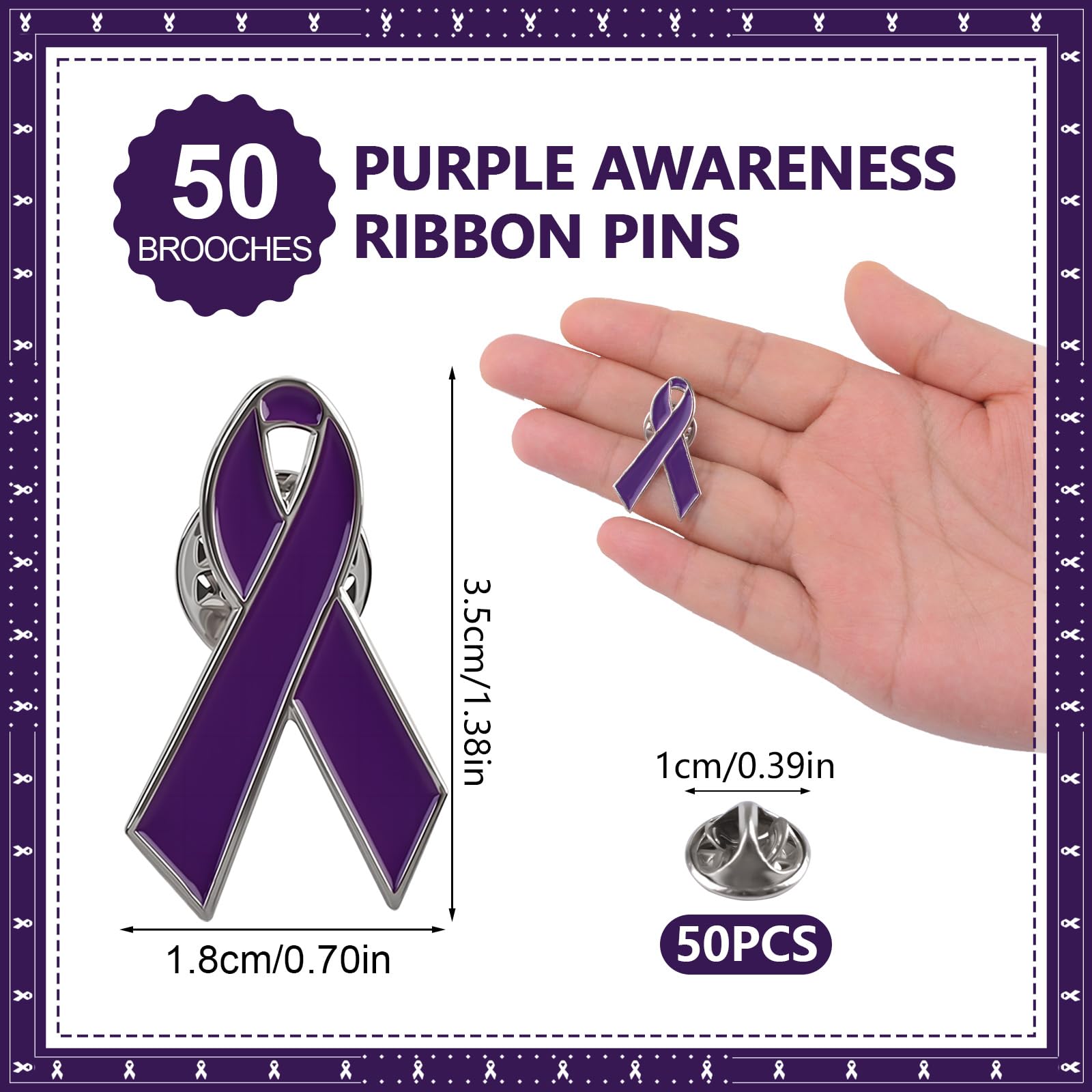 WANDIC 50pcs Purple Ribbon Pins Alzheimer's Disease Awareness Badges Domestic Violence Brooch Memorial Ribbon Pins Badges for Funeral Mourning Event Bereavement Remembrance(3 * 1.8cm) - Image 2