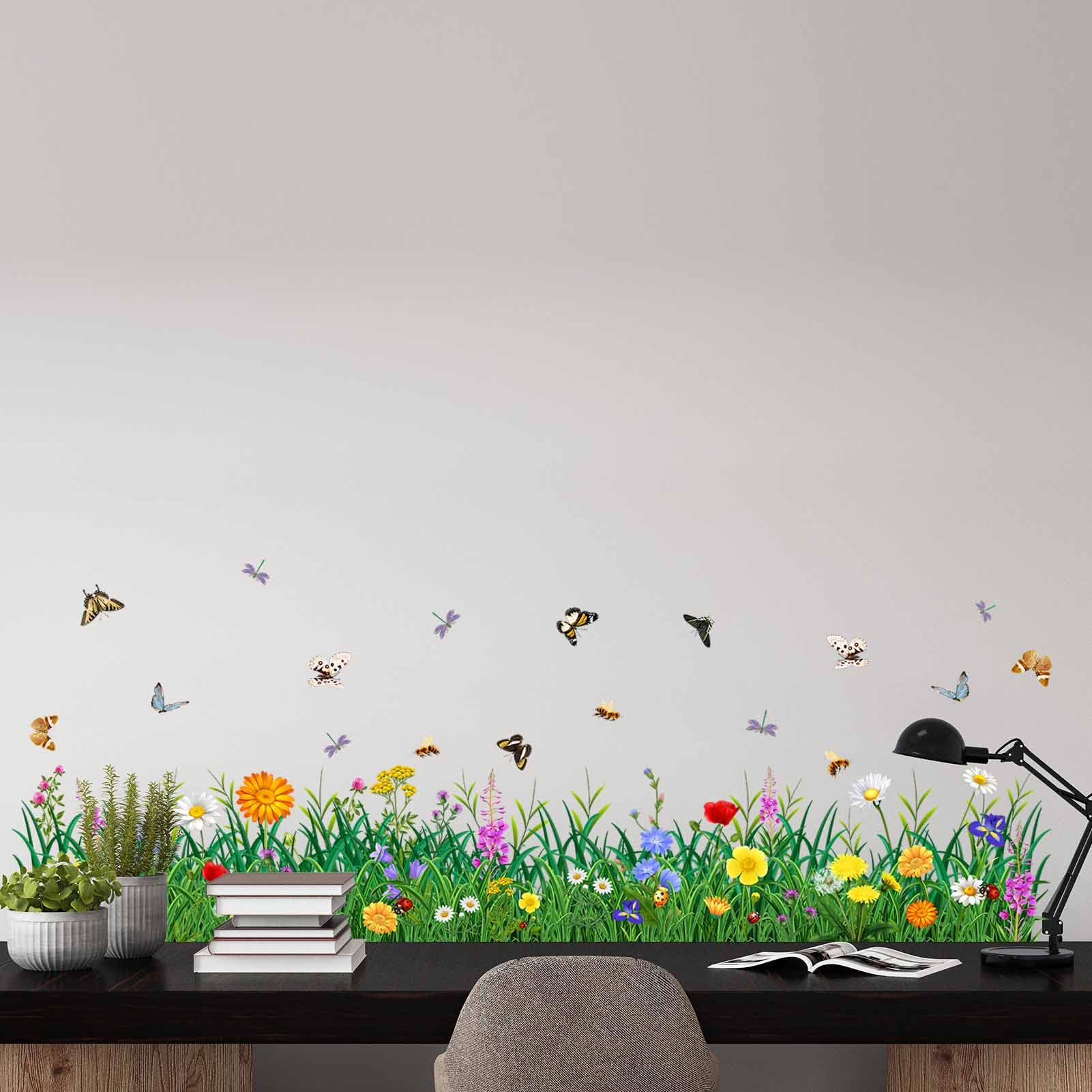 PinkEleph® Green Grass Wall Corner Stickers, Flowers Butterflies Baseboard Skirting Line Wall Decals - Image 2
