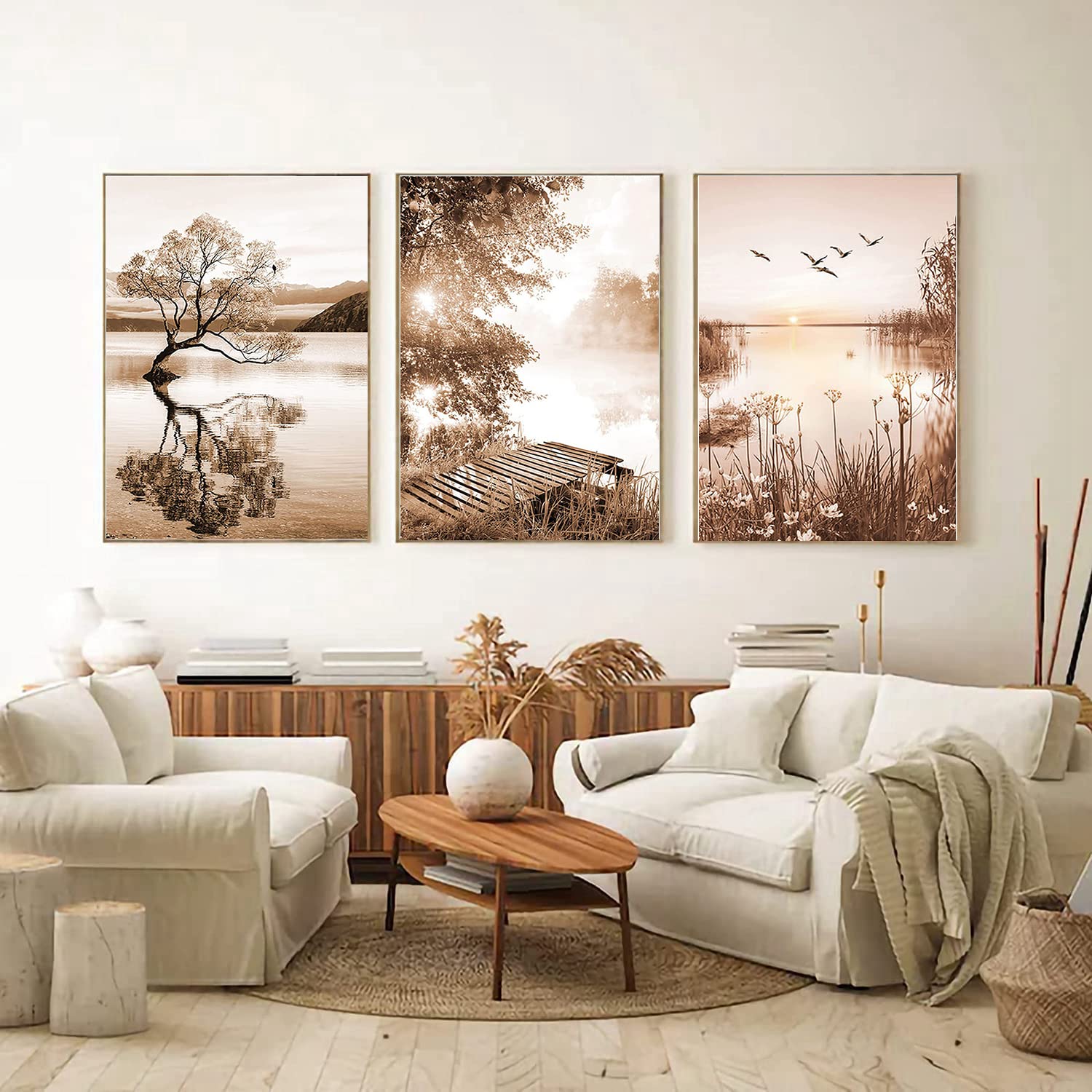 Moderne kunst posterset, beige boom meer kunst print poster, slaapkamer, woonkamer, gang, restaurant achtergrond, wanddecoratie, poster, foto, grenzeloos (40 x 60 cm x 3