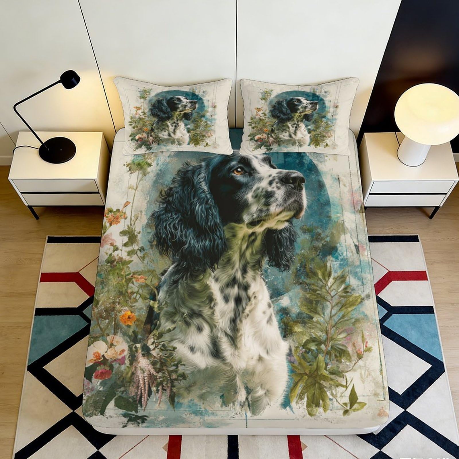 3D Printed Springer Spaniel Dog Fitted Sheet Microfiber Soft Mattress Cover Watercolor Floral Decor for Bedroom Guest Room Dorm 140x200x25cm