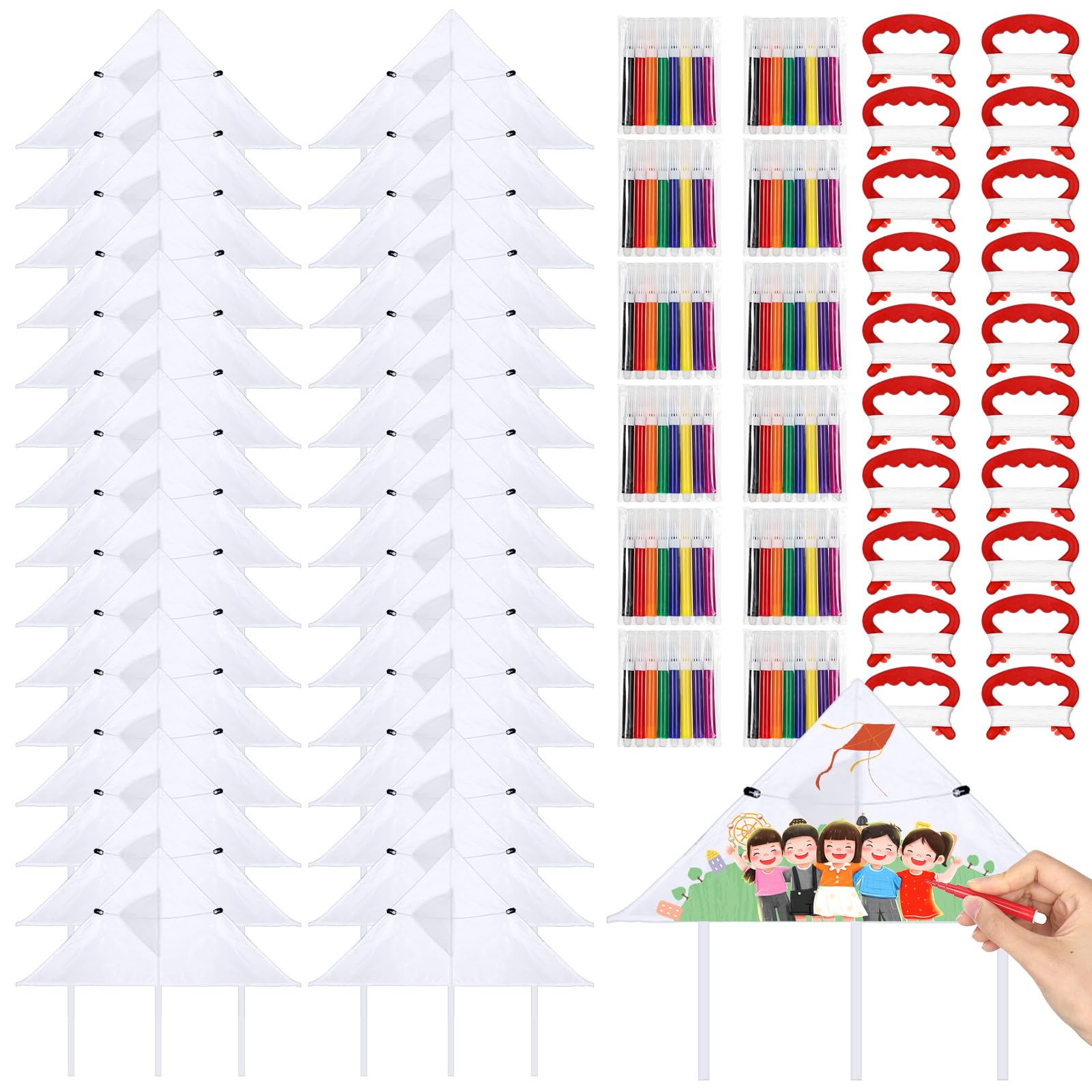 Syhood 30 Pcs DIY Kites for Kids Making Kit 20 Inch Summer Decorating Coloring Kites with Watercolor Pens and String Making Craft Kits for Outdoor Game and Activities