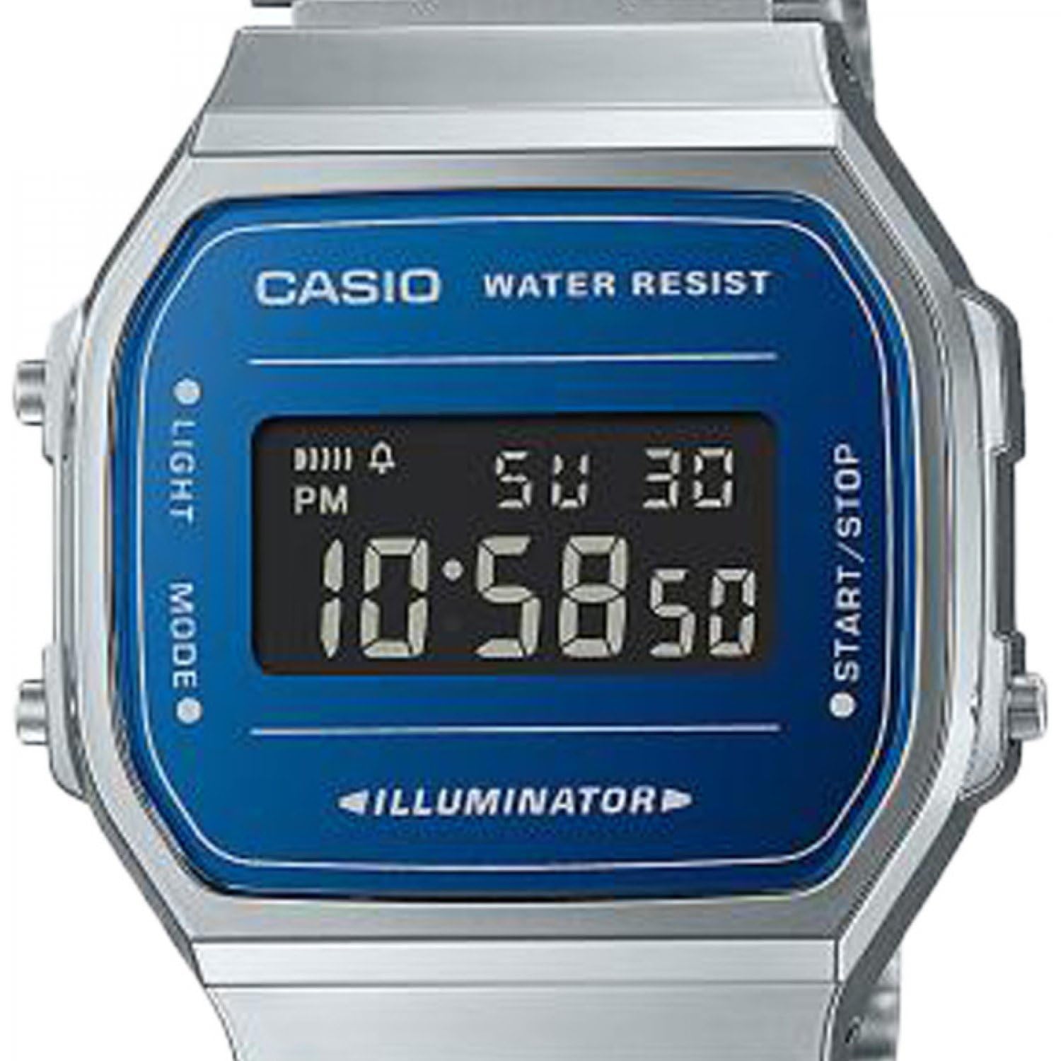 Casio Reloj Cuarzo Unisex 38.60mm con dial Digital Azul y Correa de Pulsera de Metal Plata A168WEM-2BEF