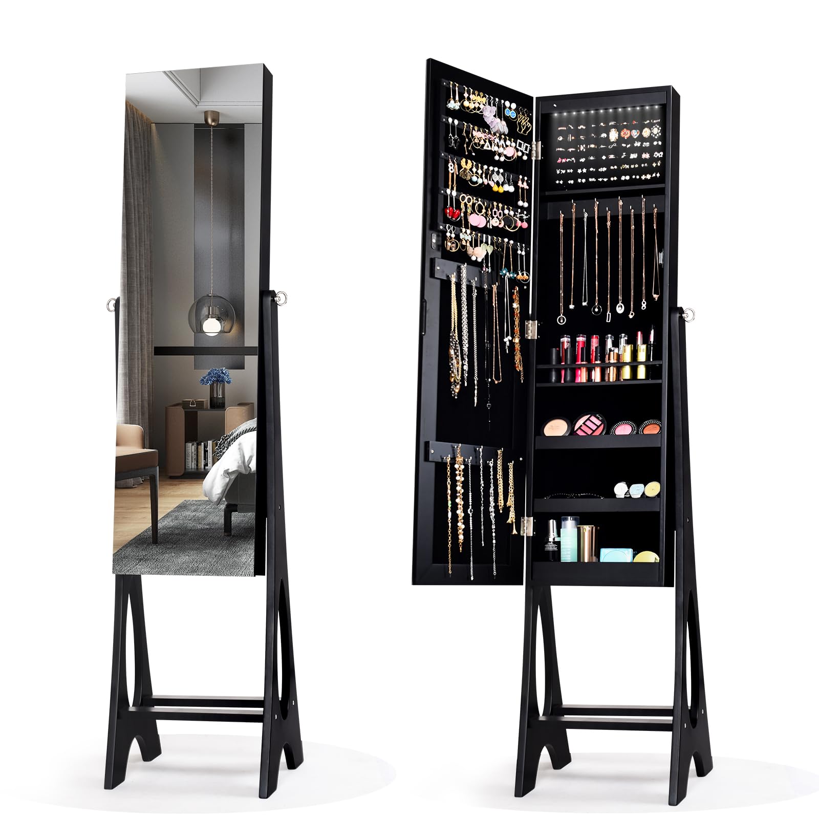 HOMASIS HOMASIS Armario para joyas de pie, Espejo Claro de Cuerpo Entero, Gabinete de joyería con 12 luces LED, Ajustable en tres ángulos, Organizador para Todo Tipo de Joyas, 36x33,5x154,5cm (Negro)