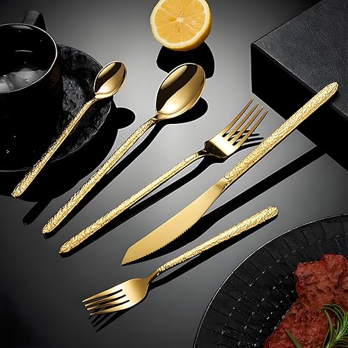 Juego de cubiertos martillados dorados de 60 piezas con cuchillos para carne, juego de cubiertos de acero inoxidable para 12, mango vintage grueso,