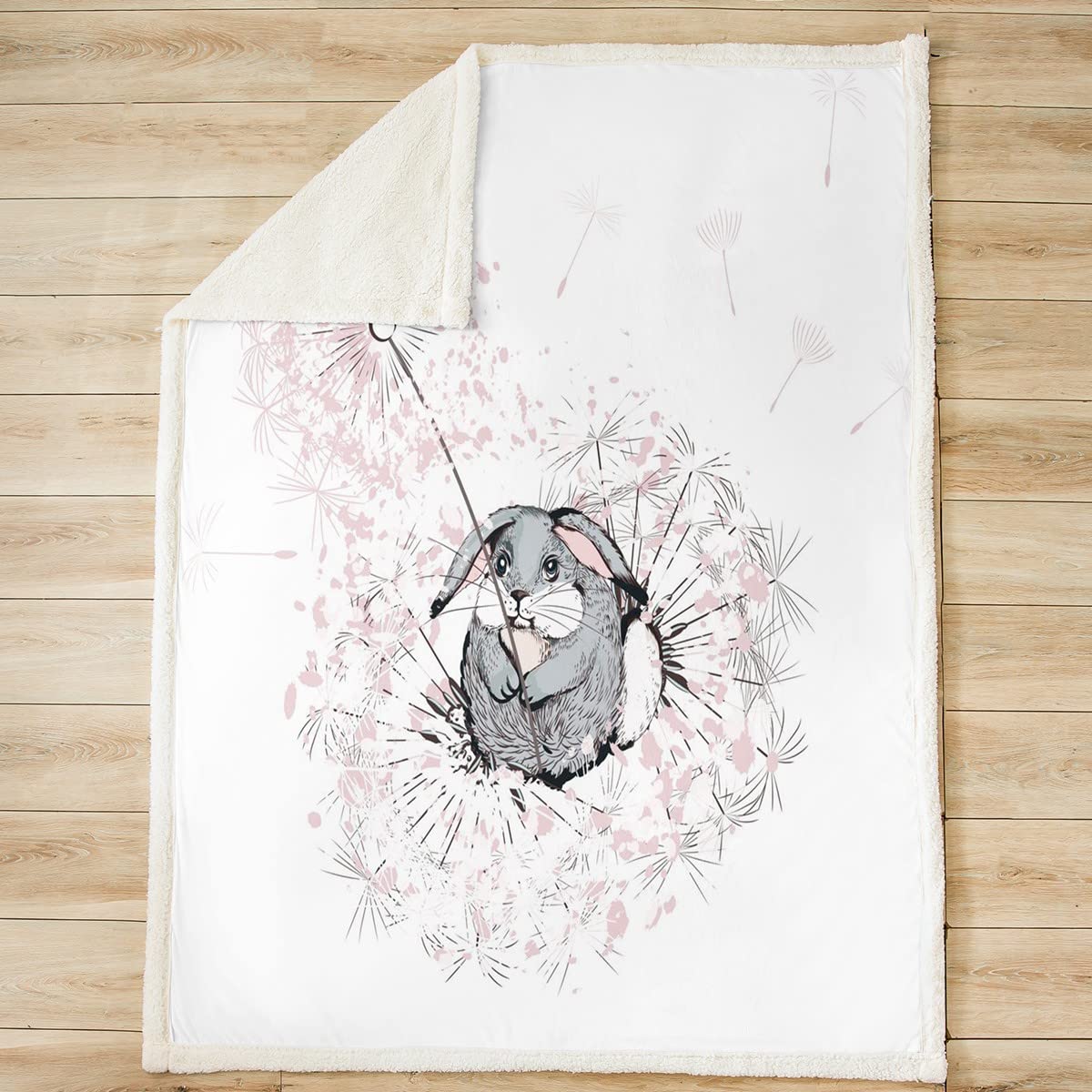 Coperta per bambini, con coniglio, rosa, con dente di leone, in pile, per letto, divano, coniglio, animali fuzzy, coperta botanica, floreale, 200 x 200 cm