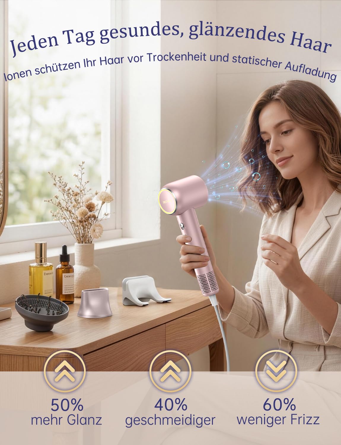 2026 Haartrockner ionen föhn, 160.000 U/min Schnelles Trocknen Ultraleicht & Leise (57dB), 500 Millionen Negative Ionen, Bürstenlosem Motor NTC Temperaturregelung(Rosé)
