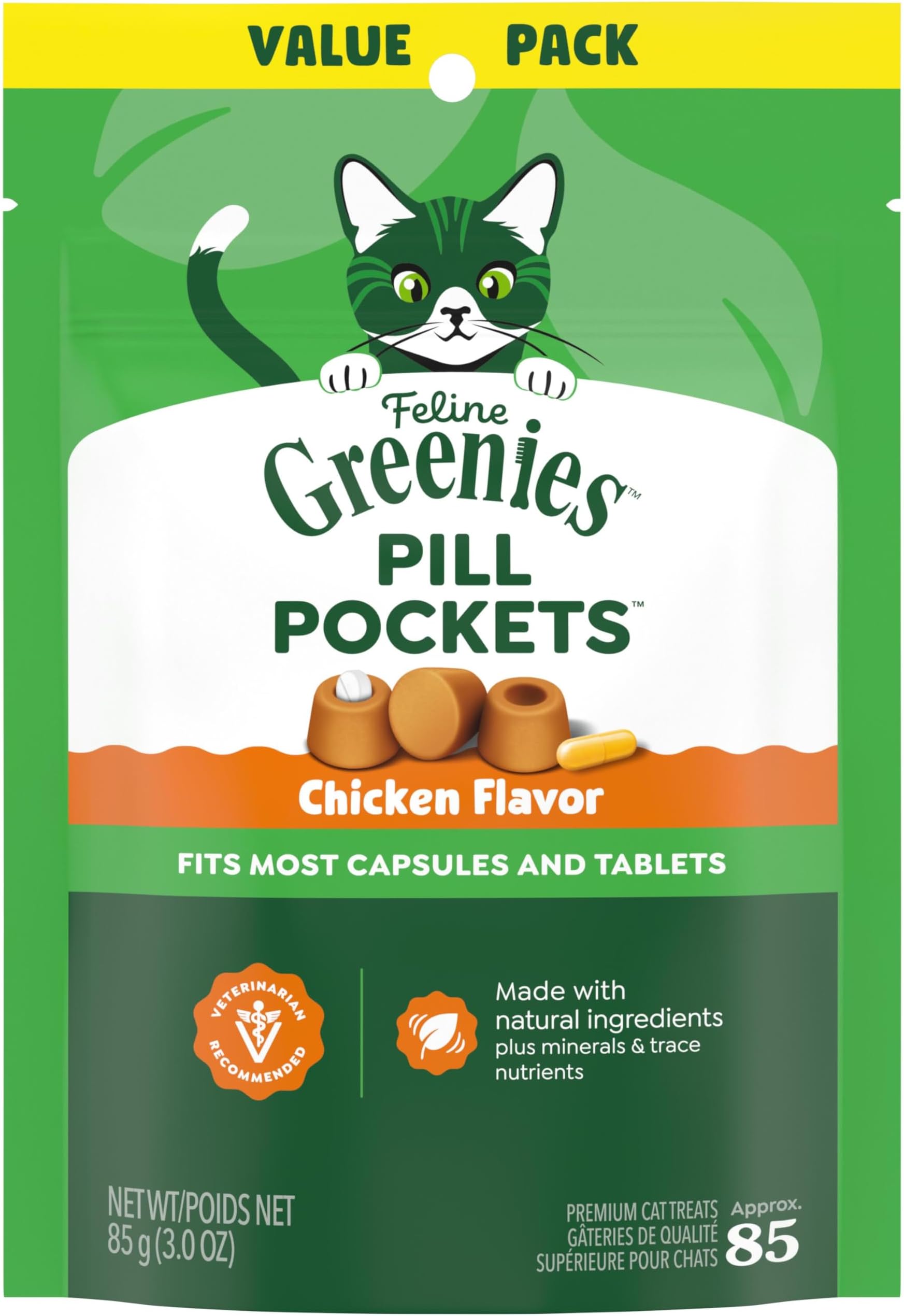 Feline Pill Pockets for Cats Natural Soft Cat Treats, Chicken Flavor, 3 oz. Pack (85 Treats)