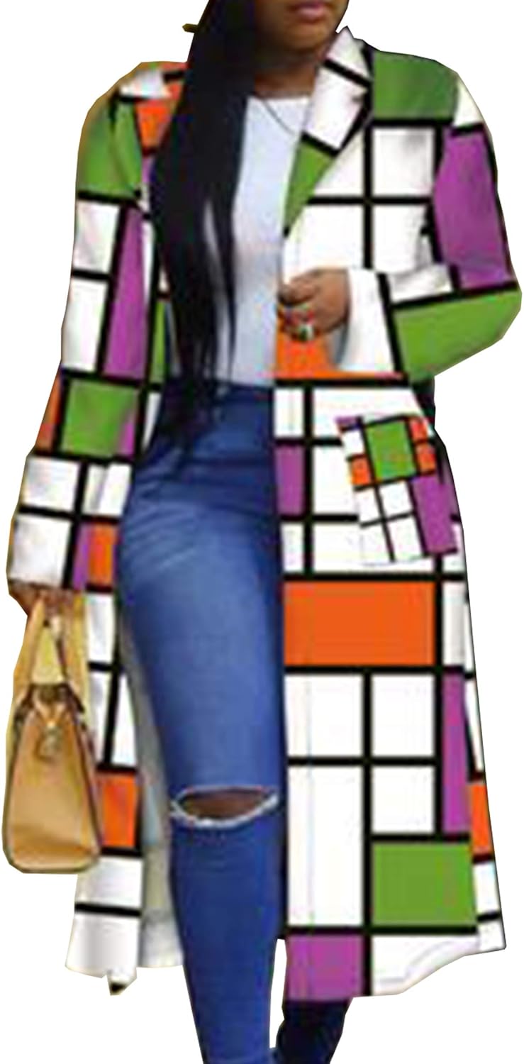 Women's Colored Geo Turn Down Collar Trench Coat Colorful Outerwear Cardigan Long Blazer Jacket