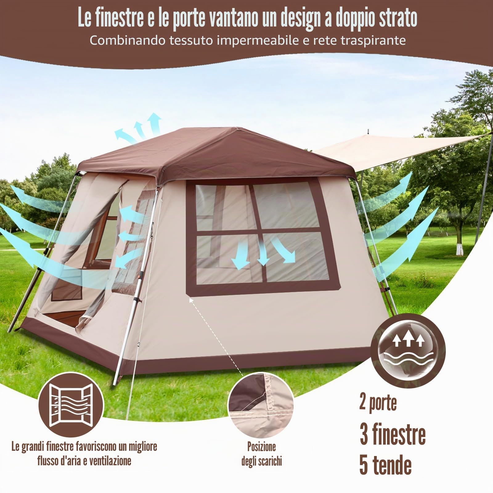 Chihee Tende da campeggio Tenda indipendente, Tenda per famiglia con veranda 2 porte 3 finestre a rete Facile installazione immediata,Telaio ultra resistente Altezza fino a 170 cm Ottima vista