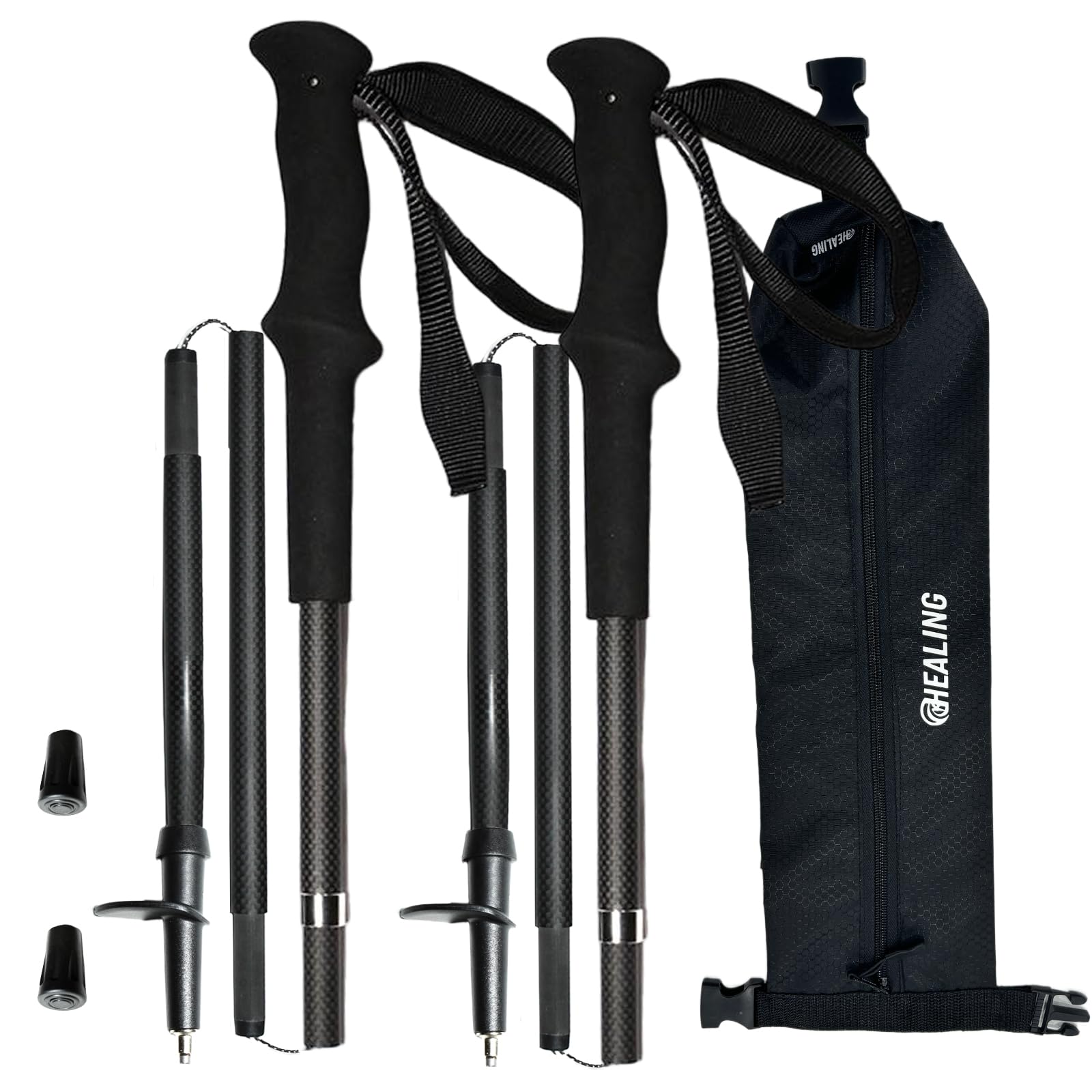 OKHEALING Ultralight Carbon Fibre Hiking Poles, 2-Piece Set, Collapsible Trekking Poles with Moisture Transferring Handle, Storage Bag and 2 Poles Caps for Hiking, Trekking and Mountaineering (130cm)