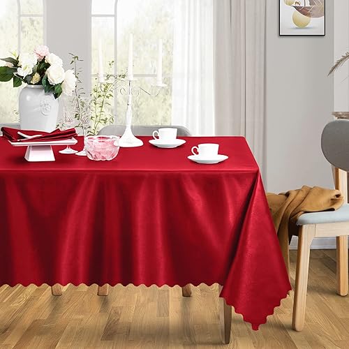 Miniatura 5 de Manyshofu Mantel rectangular de satén rojo de 58 x 102 pulgadas, mantel festoneado (1 paquete), mantel rectangular de satén oblongo, resistente al