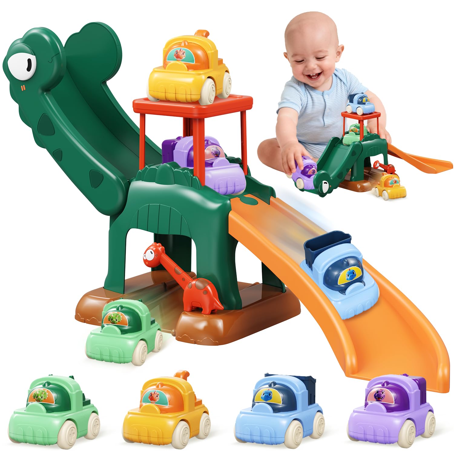 Toddler Toys for 1 2 Year Old Girls Boys Educational Dinosaur Slide Toys with 4 Push Car Toys for Baby 12-18 Months,First Birthday Easter Gifts for Kids,Montessori Learning Race Car Track Ages 1-2
