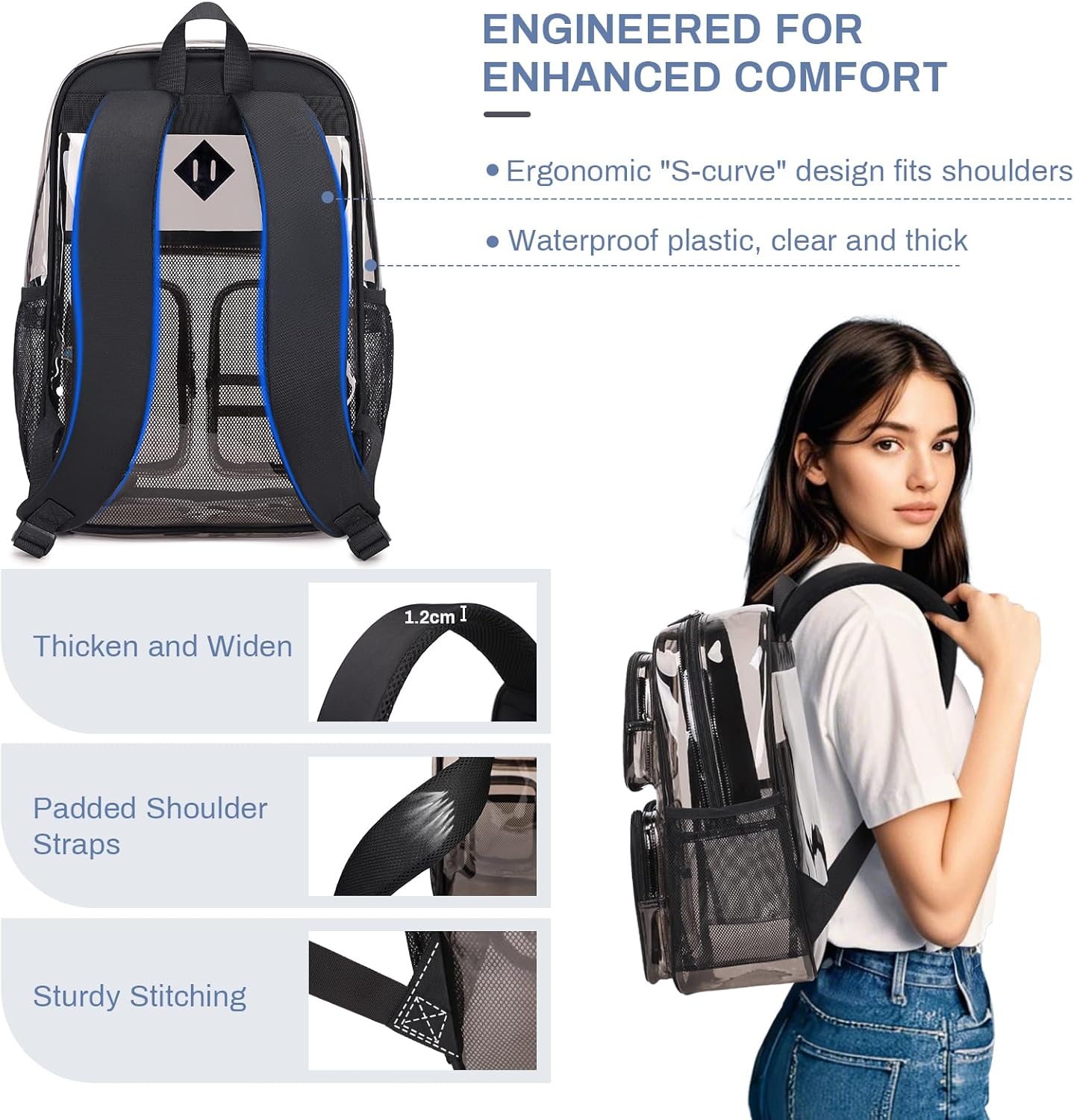 Clear Backpacks for School Heavy Duty Clear Bookbag Stadium Events Transparent Back Pack Girls Boys, Black Semitransparent - Image 5