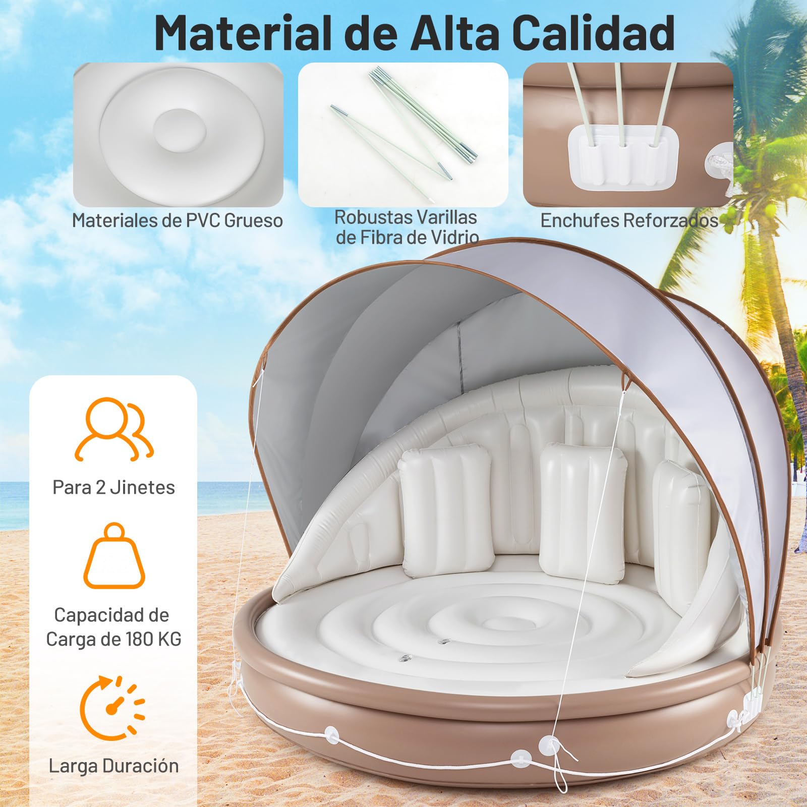 COSTWAY Isla Hinchable con Toldo para 2 Adultos, Flotador de Piscina para Bronceado con 3 Almohadas Hinchables, Dosel Retráctil y Removible, de Interior y Exterior Capacidad de Carga de 180 kg