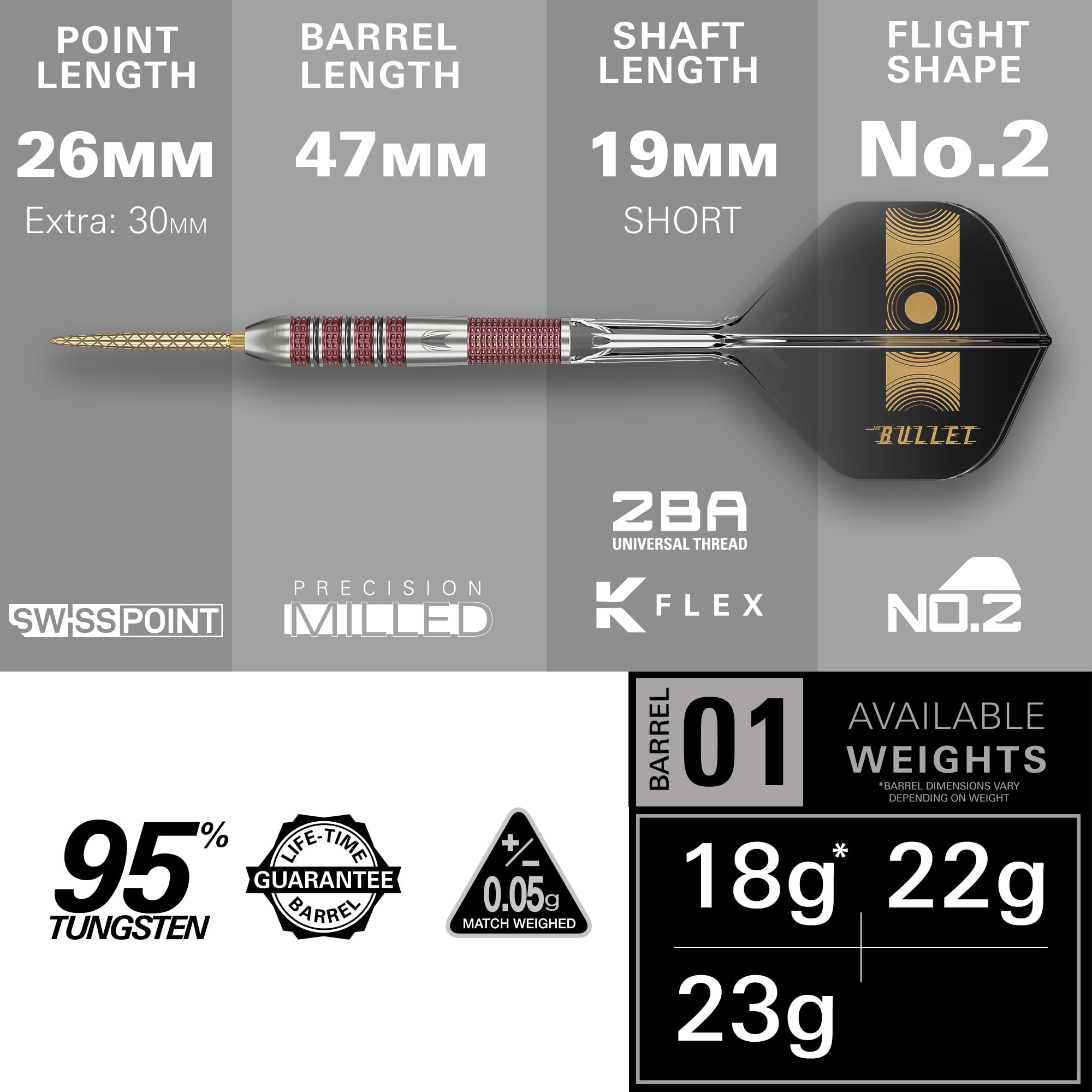 Target Darts Stephen Bunting 95K Set Dardi in Acciaio Swiss Point, 18G/22G/23G | Alette e Aste Kflex, The Bullet Player Edition Freccette al 95% di Tungsteno, Punte DX Dorate Ricambio Portachiavi