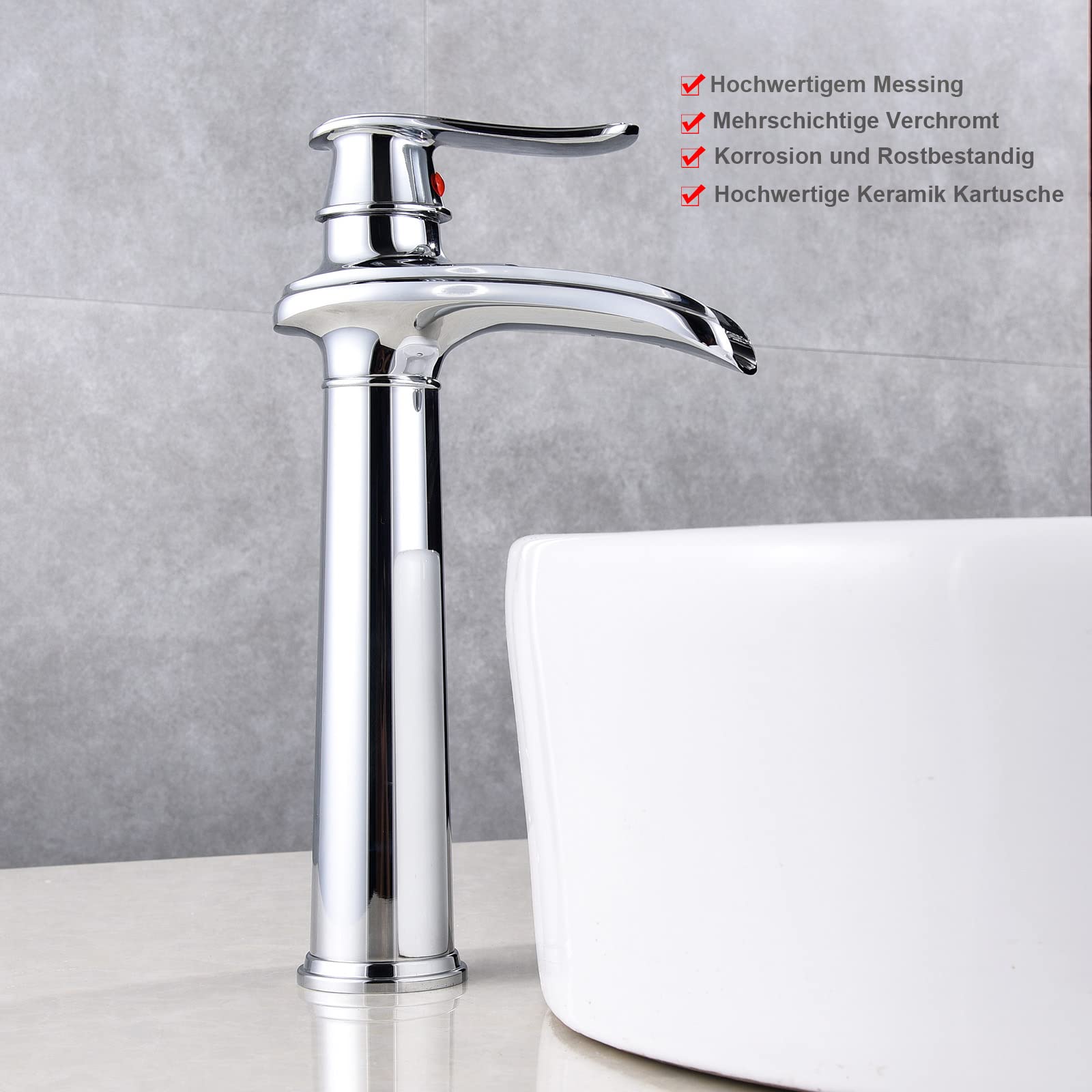 Waschtischarmatur Hoch Chrom, Wasserfall Wasserhahn Bad Retro, Waschbecken Armaturen Badezimmer, Badarmatur aufsatzwaschbecken Einhebel Mischbatterie Antik aus Messing