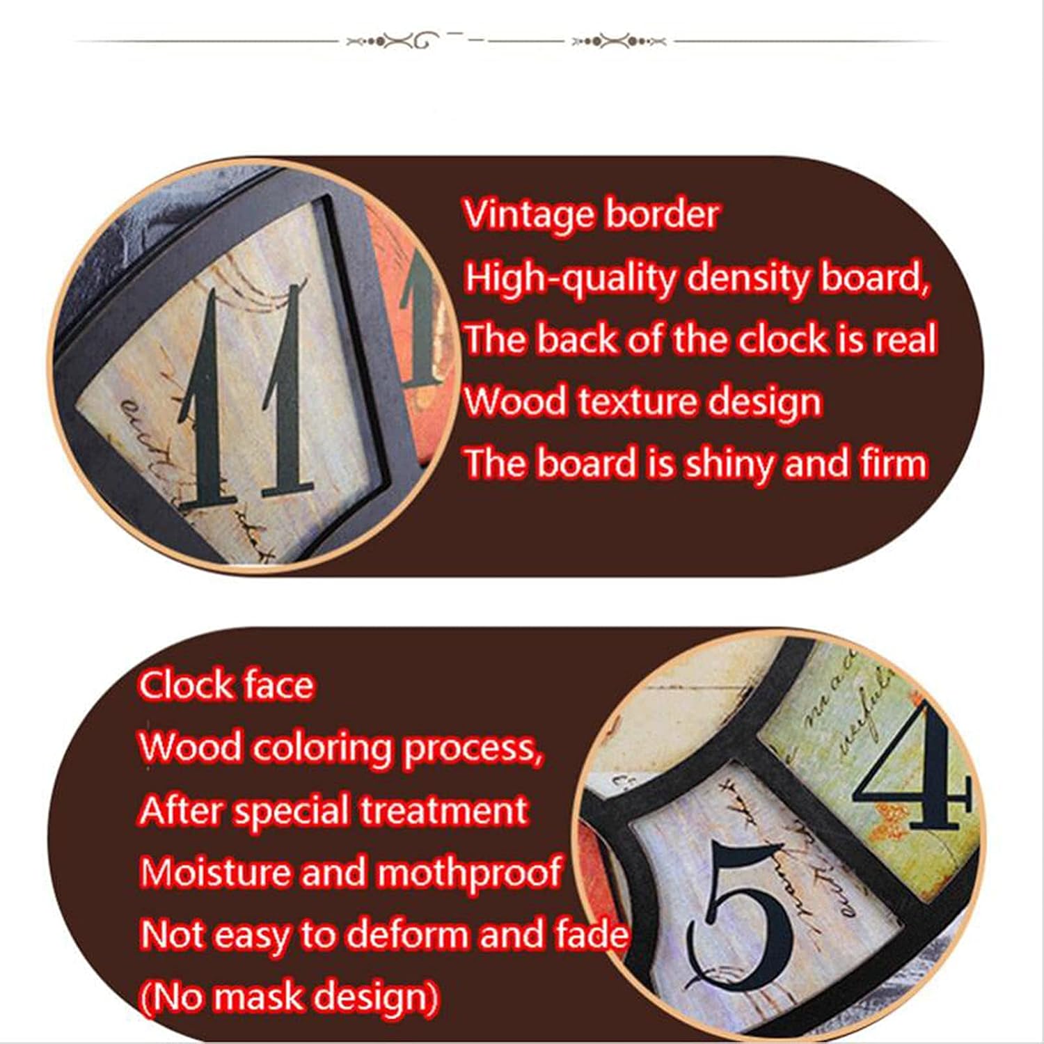 Wall Clock， 40Cm Wooden Round Wall Clock Outdoor Retro Nostalgia Vintage Garden Ornament (D)