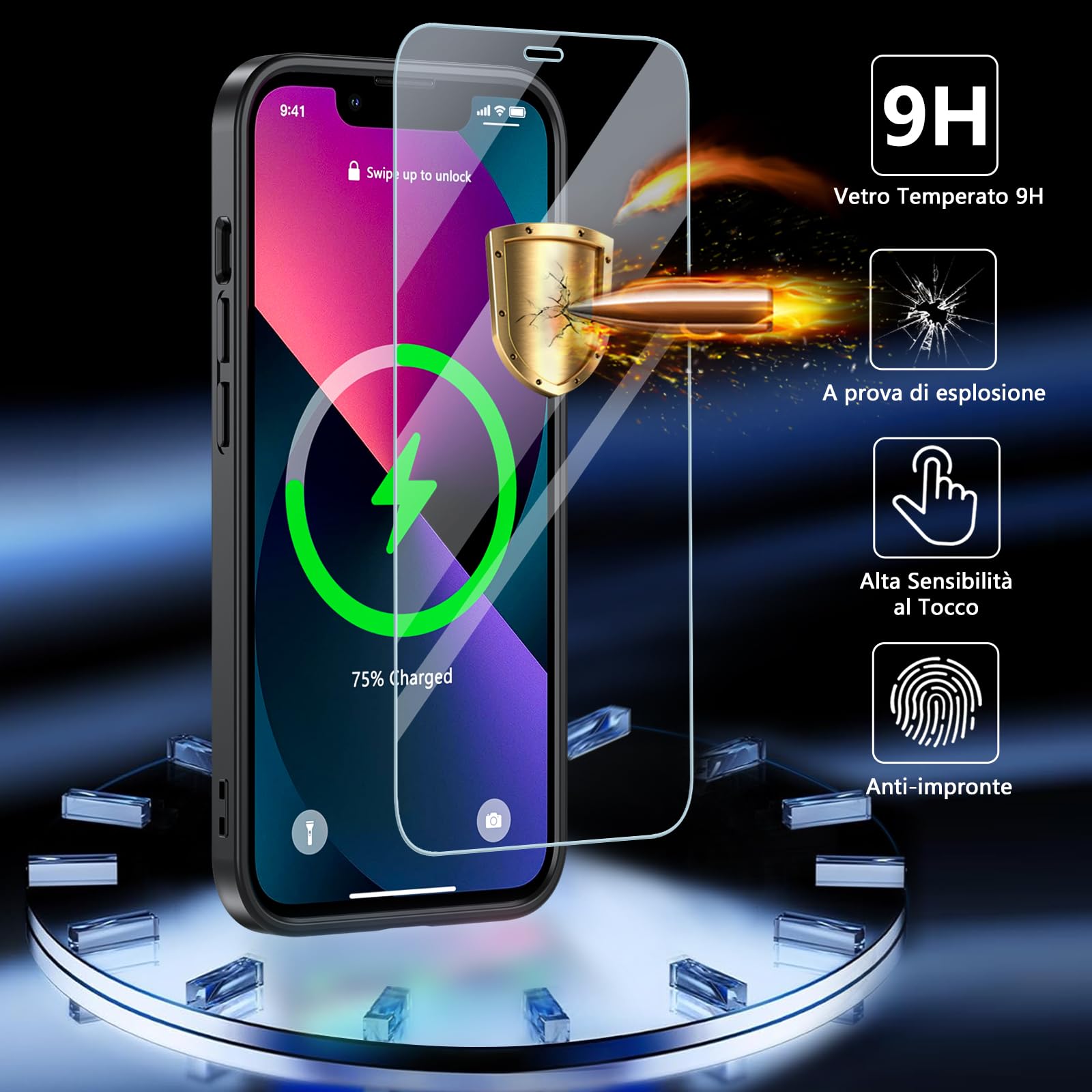 Hensinple Magnetica Cover per iPhone 13 / Cover iPhone 14 con Vetro Temperato [Compatibile con MagSafe],Custodia Traslucida Opaca Protezione Antiurto Resistente ai graffi Sottile Case - Nero