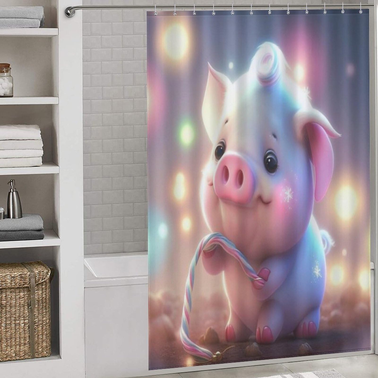 Rideau de douche cochon mignon 152x183 cm lavable avec 12 anneaux inclus