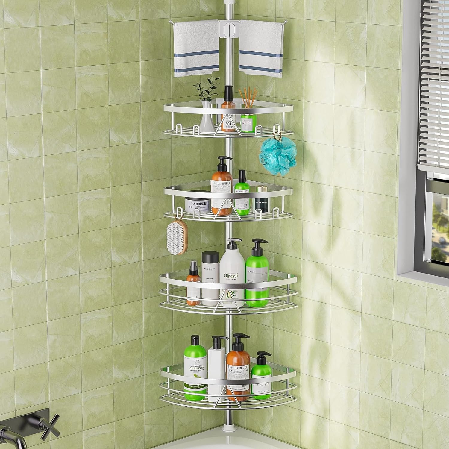 Dicasser Corner Shower Caddy - Tension Pole Rod Organizer Floor to Ceiling 20-113 inch Adjustable Towel Rack Waterproof