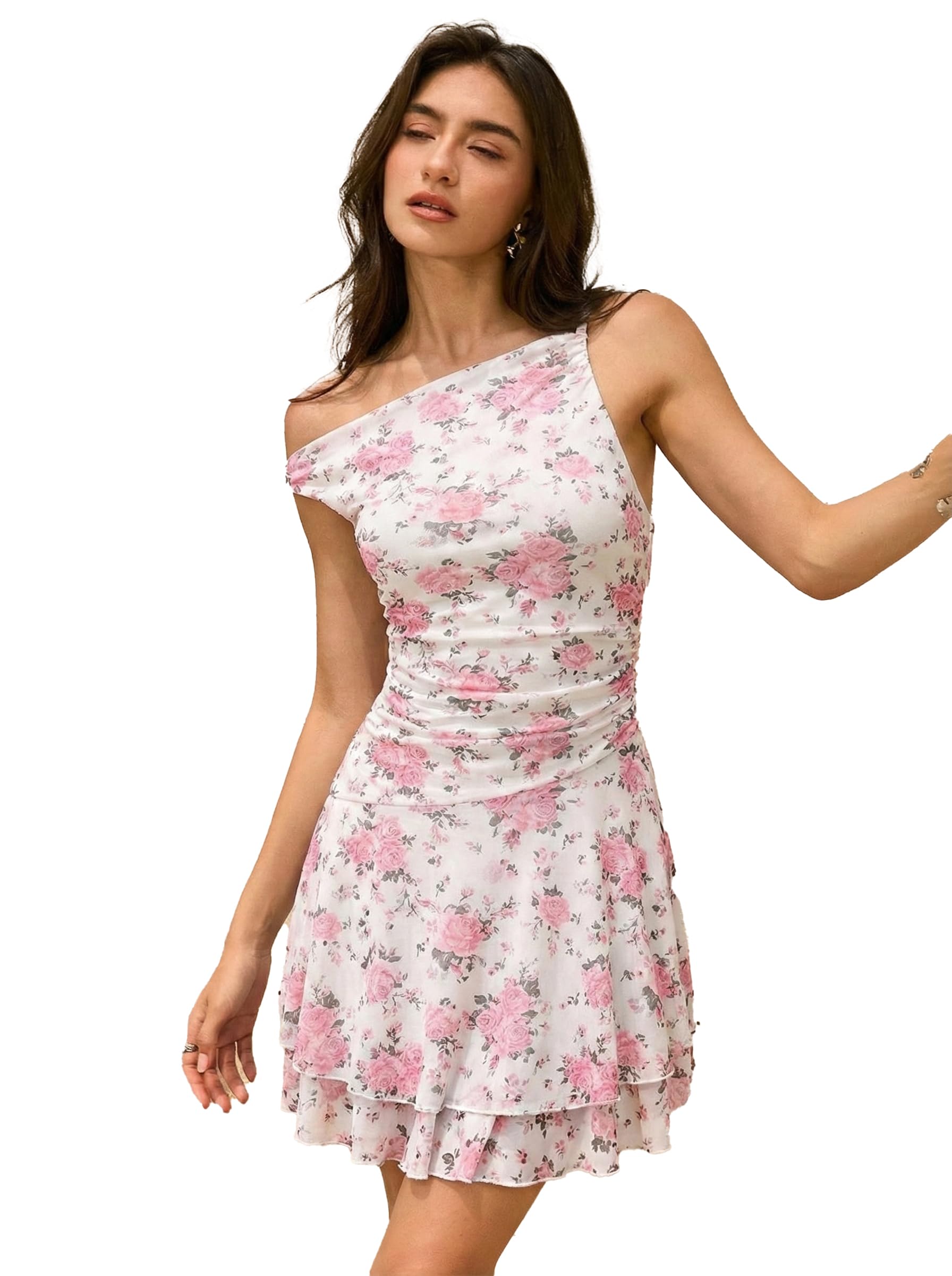 Women's One Shoulder Mesh Dress - Flattering Asymmetrical Ruched Bodycon Mini for Cocktail Party and Date Night - Breathable Power Mesh with Romantic Floral Print-image-46