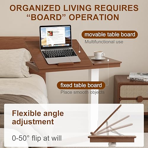 Miniatura 5 de Mesa de Cabecera de Madera Maciza sobre la Cama con Ruedas, Mesa de Cama de Hospital Médica Ajustable con Superficie Inclinable sobre la Cama,