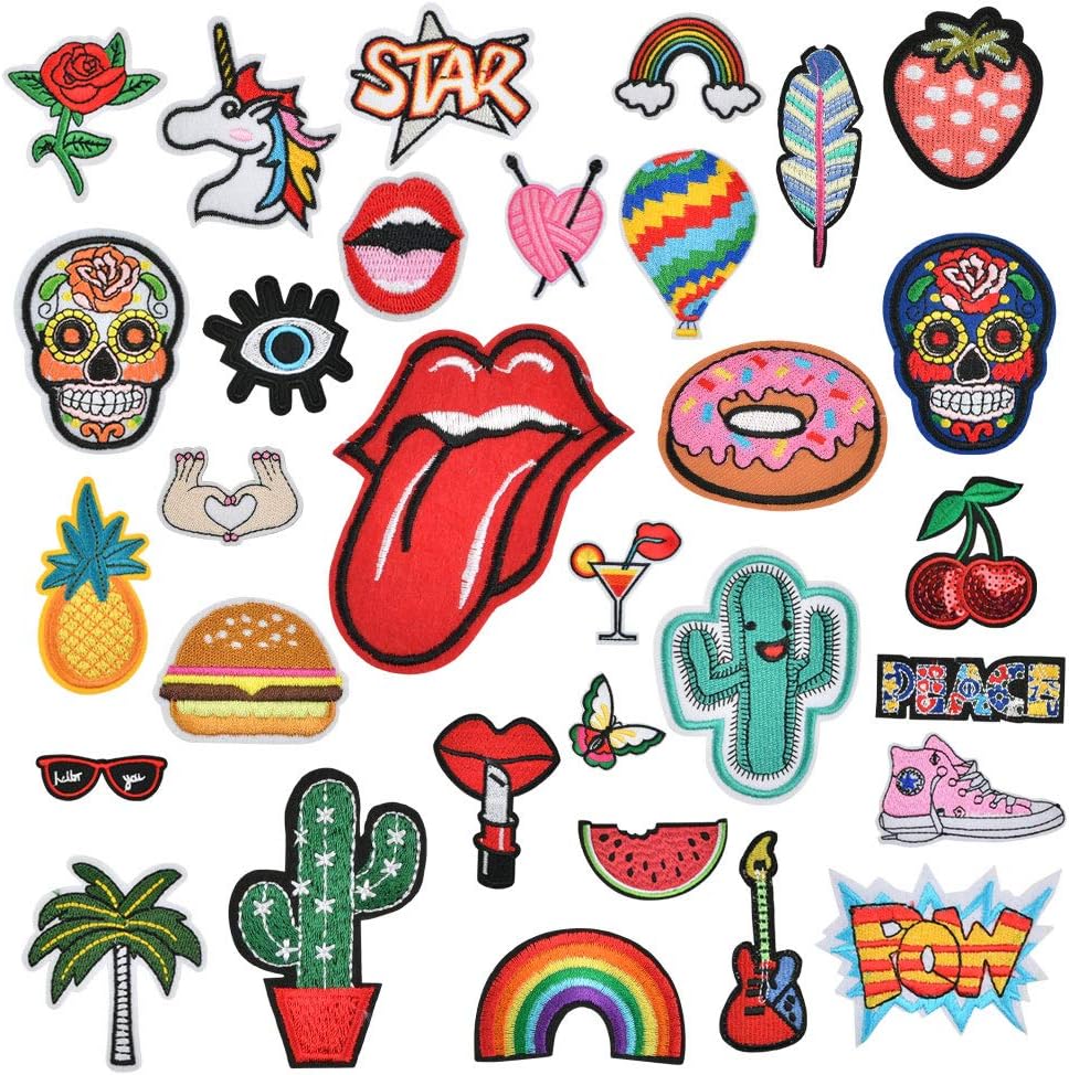32PCS Iron on Patches for Clothing, Embroidered Applique Patches Stickers Assorted, Sew on Repair Patches and Badges, Fabric Repair Patches for Kids Clothes Jeans Jackets Hats Shoes Backpacks