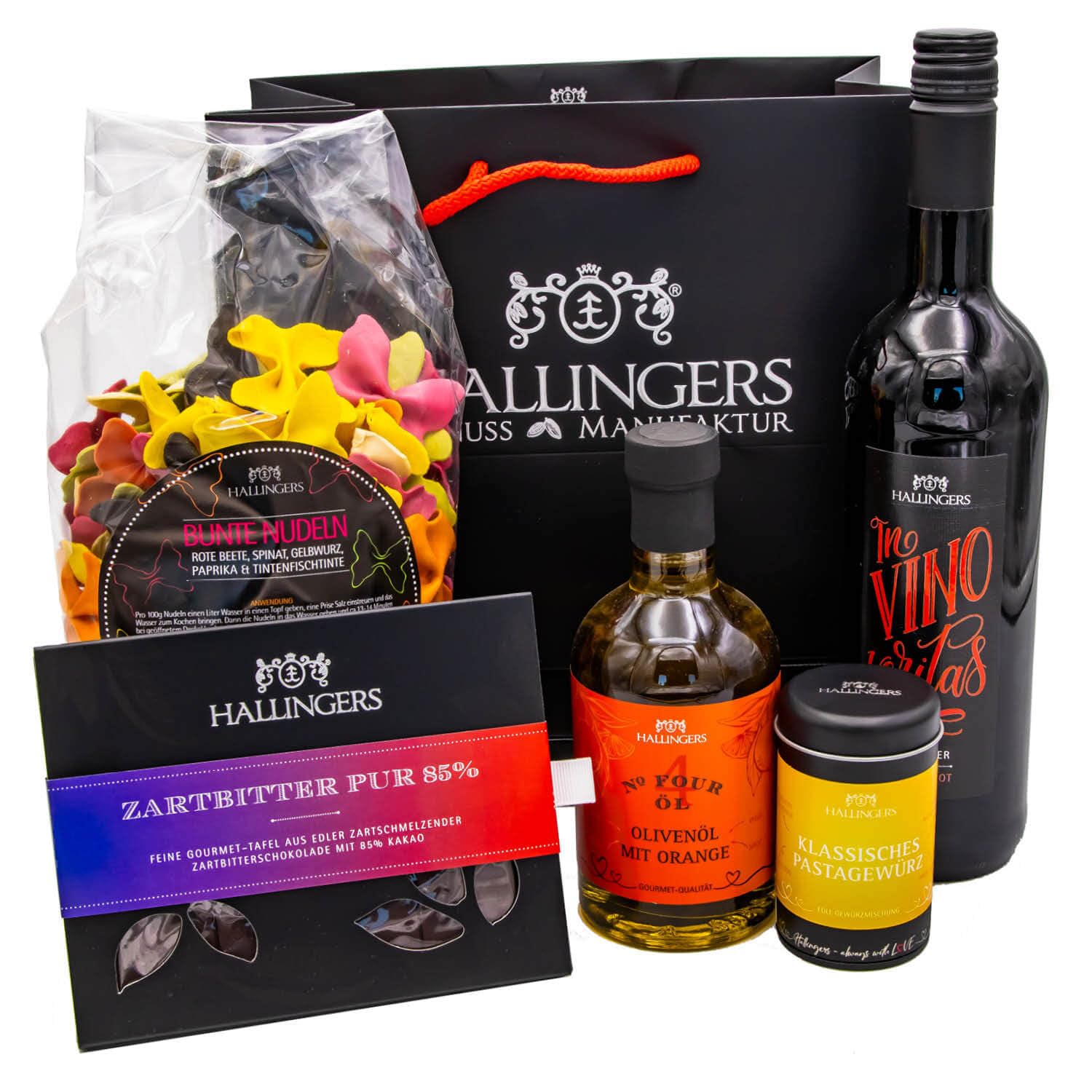 Hallingers Genuss Manufaktur Feinkost Geschenk-Set - XXL-Geschenkkorb "Pasta Time" großes Mitbringsel Wein, Bunte Nudeln, Olivenöl, Schokolade & Pasta-Gewürz, Geschenkidee für Frauen Männer