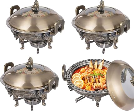 4 Pack Gold Chafing Dishes, Stainless Steel Chafing Dish Buffet Sets with Alcohol Heating Pot, Buffet Servers Tripod with Lion Shaped & Double Ear Handles, for Catering, Events and Parties Bronze