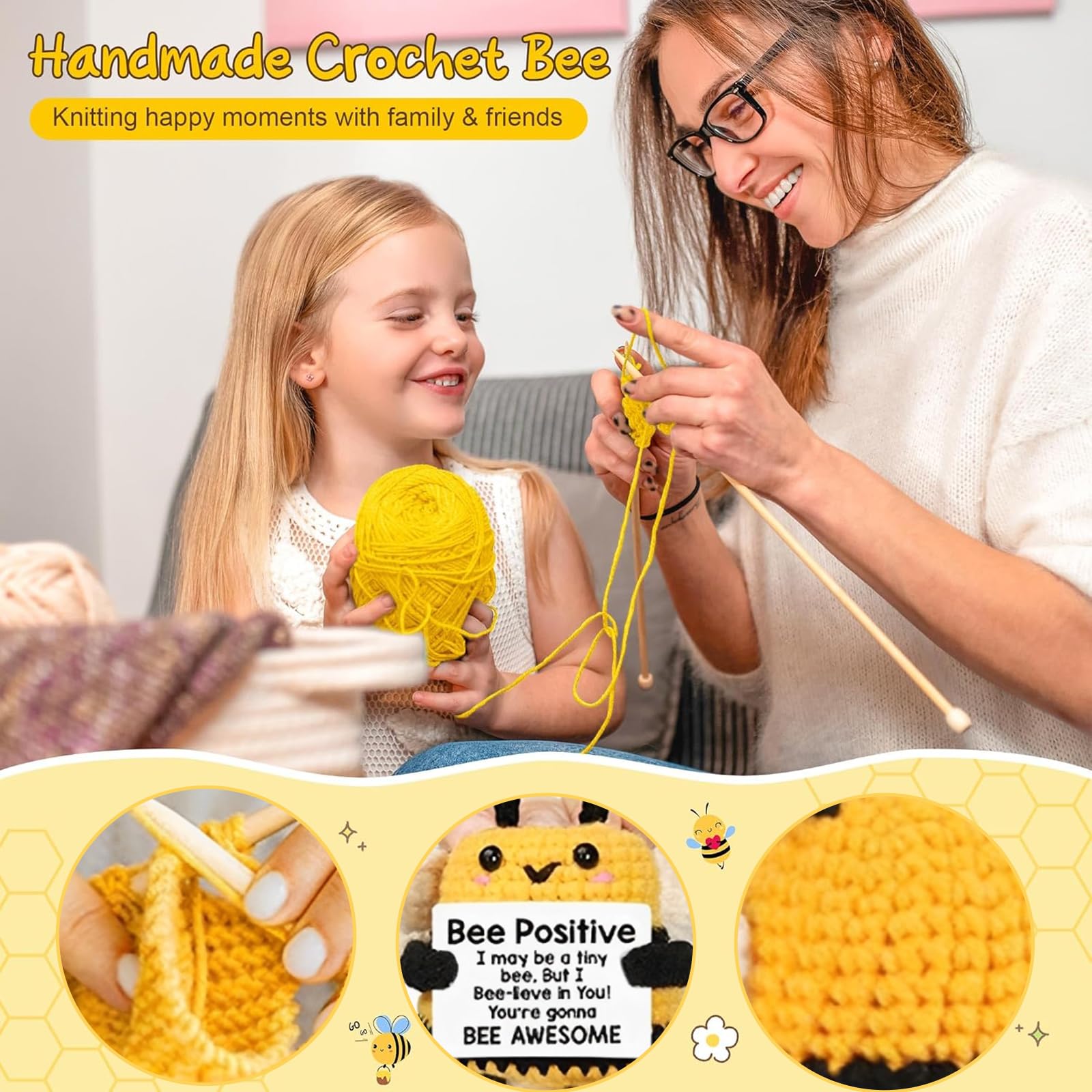 Handmade Crochet Sunflower Bee - Mini Cute Plush With Positive Card, Gift For Women, Friends, Emotional Support - View #3