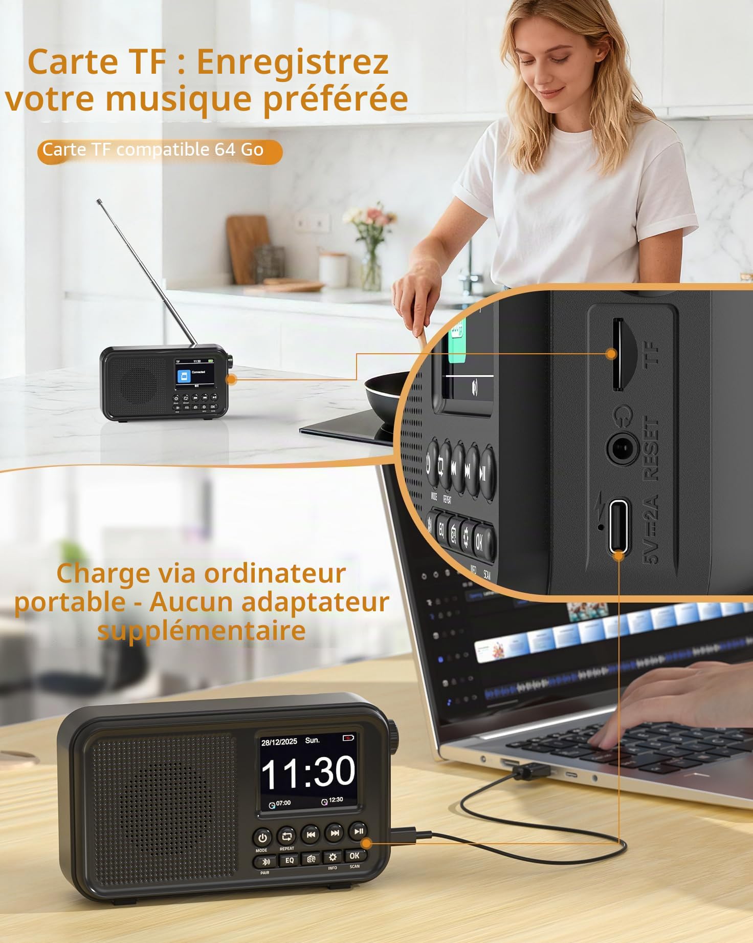Mesqool Radio Numérique DAB/FM avec Bluetooth,Batterie Rechargeable de 3000mAh,Prise en Charge des Cartes TF de 64Go, Type-C, Prise Casque, 40 Stations FM et 40 DAB Préréglées, Modes EQ, Double Alarme