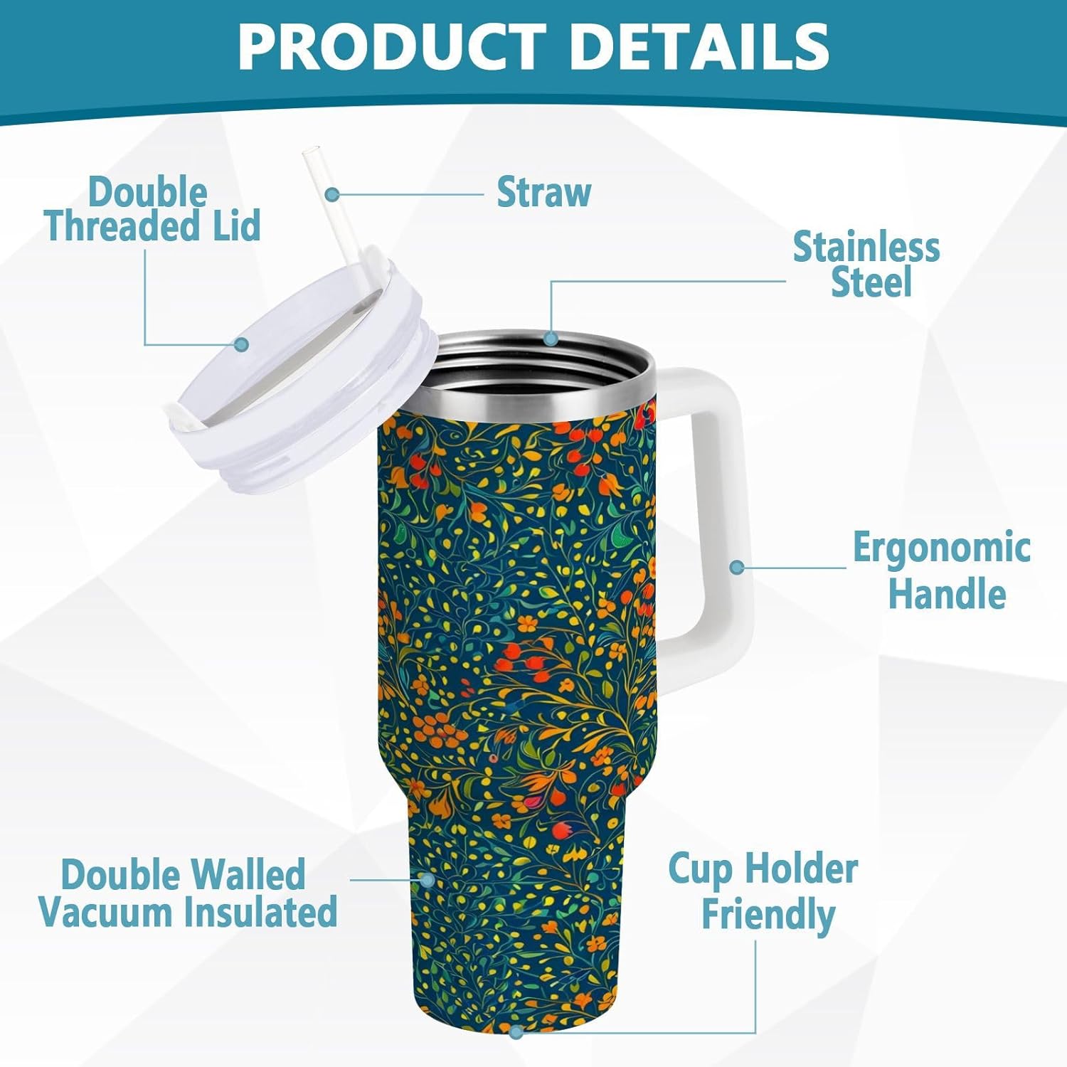 Bohemian Floral Pattern Vacuum Coldee Tumbler Leak-proof Lid and Straw Water Bottle With Strap Wide Mouth Travel Mug for Home, Office or Car